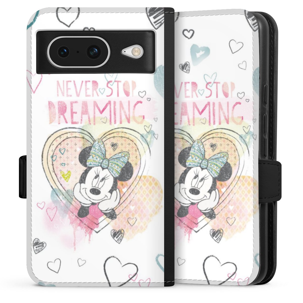 Google Pixel 8 Handy Klapphülle Handyhülle aus Kunst Leder schwarz Flip Case Disney Official Licensed Product Minnie Mouse Sideflip mit Lasche