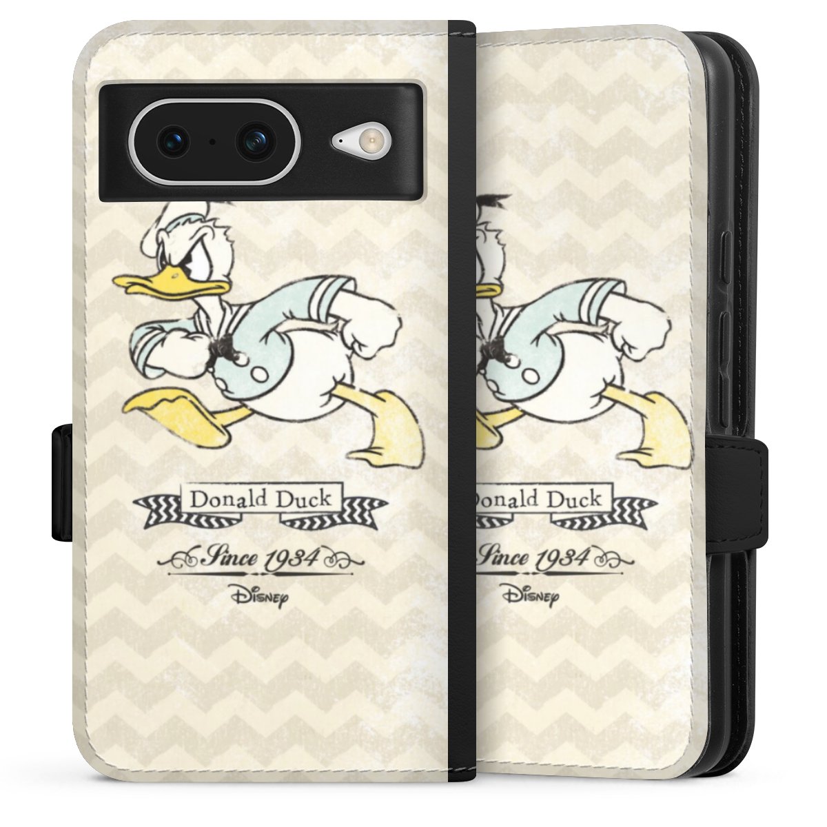 Google Pixel 8 Handy Klapphülle Handyhülle aus Kunst Leder schwarz Flip Case Official Licensed Product Disney Donuld Duck Vintage Sideflip mit Lasche