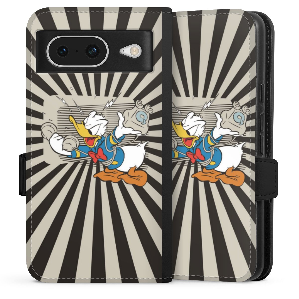 Google Pixel 8 Handy Klapphülle Handyhülle aus Kunst Leder schwarz Flip Case Donald Duck Disney Official Licensed Product Sideflip mit Lasche