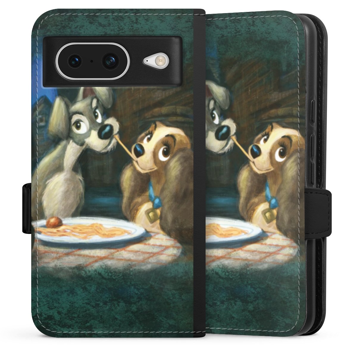 Google Pixel 8 Handy Klapphülle Handyhülle aus Kunst Leder schwarz Flip Case Lady And The Tramp Official Licensed Product Disney Sideflip mit Lasche