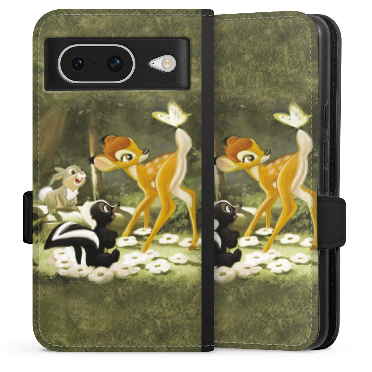 Google Pixel 8 Handy Klapphülle Handyhülle aus Kunst Leder schwarz Flip Case Disney Official Licensed Product Bambi Sideflip mit Lasche