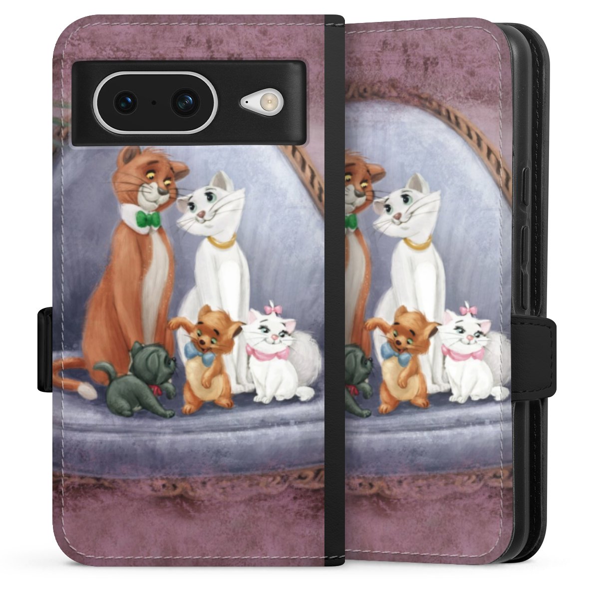 Google Pixel 8 Handy Klapphülle Handyhülle aus Kunst Leder schwarz Flip Case Official Licensed Product Disney Aristocats Sideflip mit Lasche