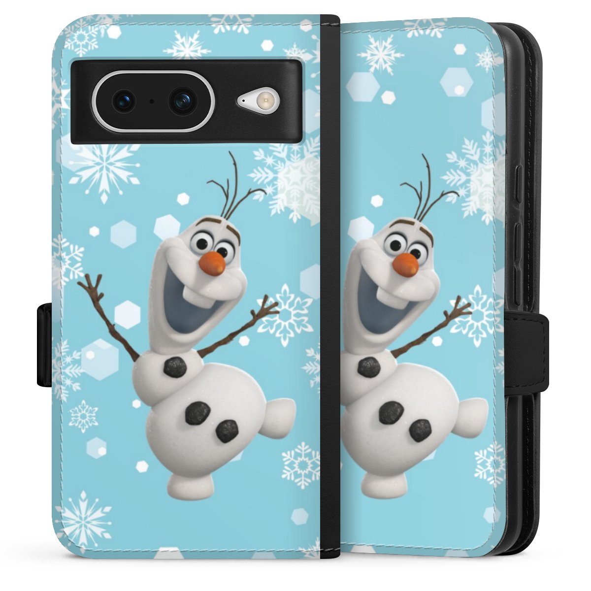 Google Pixel 8 Handy Klapphülle Handyhülle aus Kunst Leder schwarz Flip Case Disney Official Licensed Product Frozen Olaf Sideflip mit Lasche