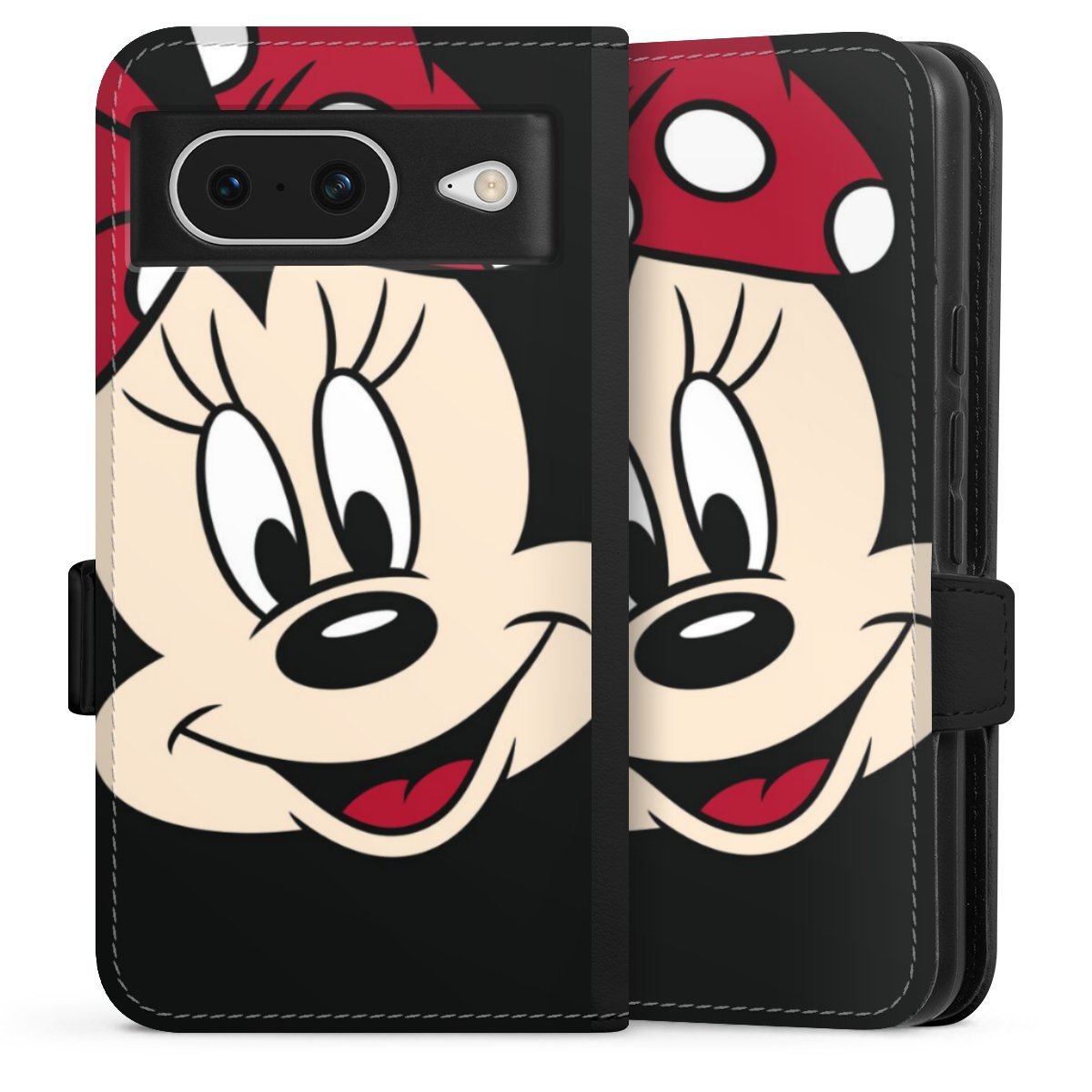 Google Pixel 8 Handy Klapphülle Handyhülle aus Kunst Leder schwarz Flip Case Minnie Mouse Official Licensed Product Disney Sideflip mit Lasche