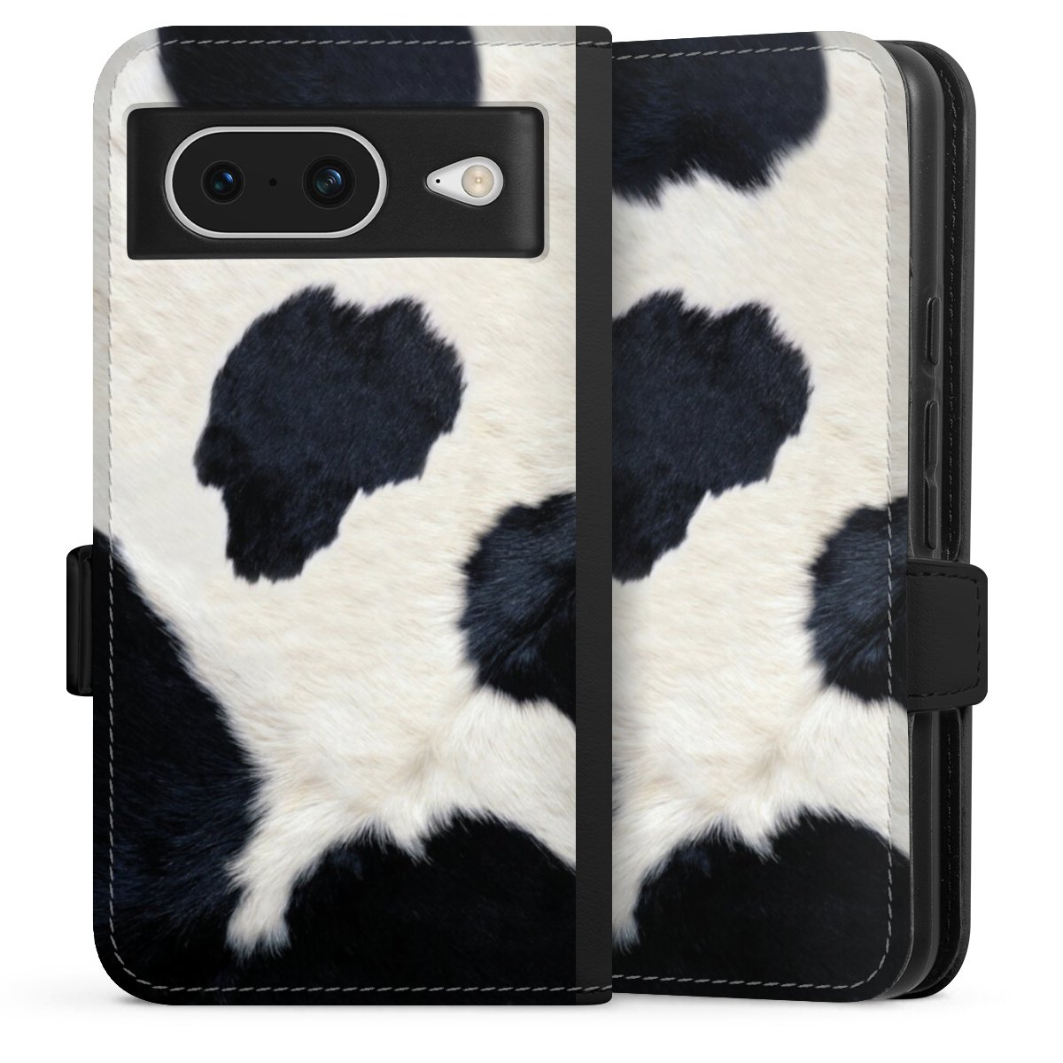 Google Pixel 8 Handy Klapphülle Handyhülle aus Kunst Leder schwarz Flip Case Animal Look Animal Print Cow Skin Sideflip mit Lasche