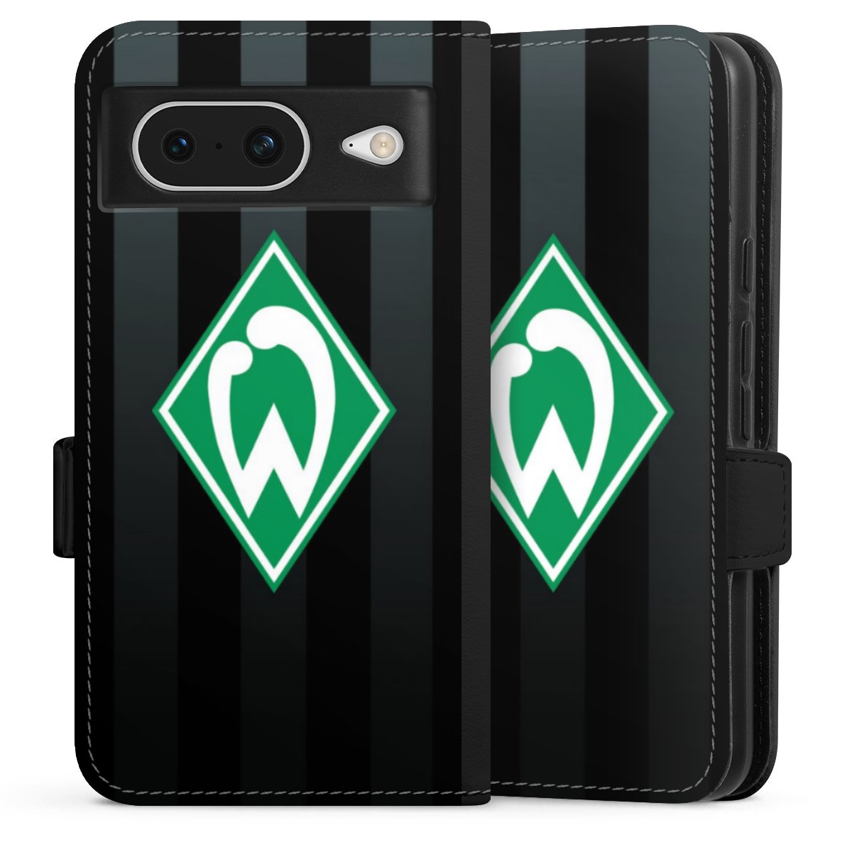 Google Pixel 8 Handy Klapphülle Handyhülle aus Kunst Leder schwarz Flip Case Stripes Sv Werder Bremen Official Licensed Product Sideflip mit Lasche