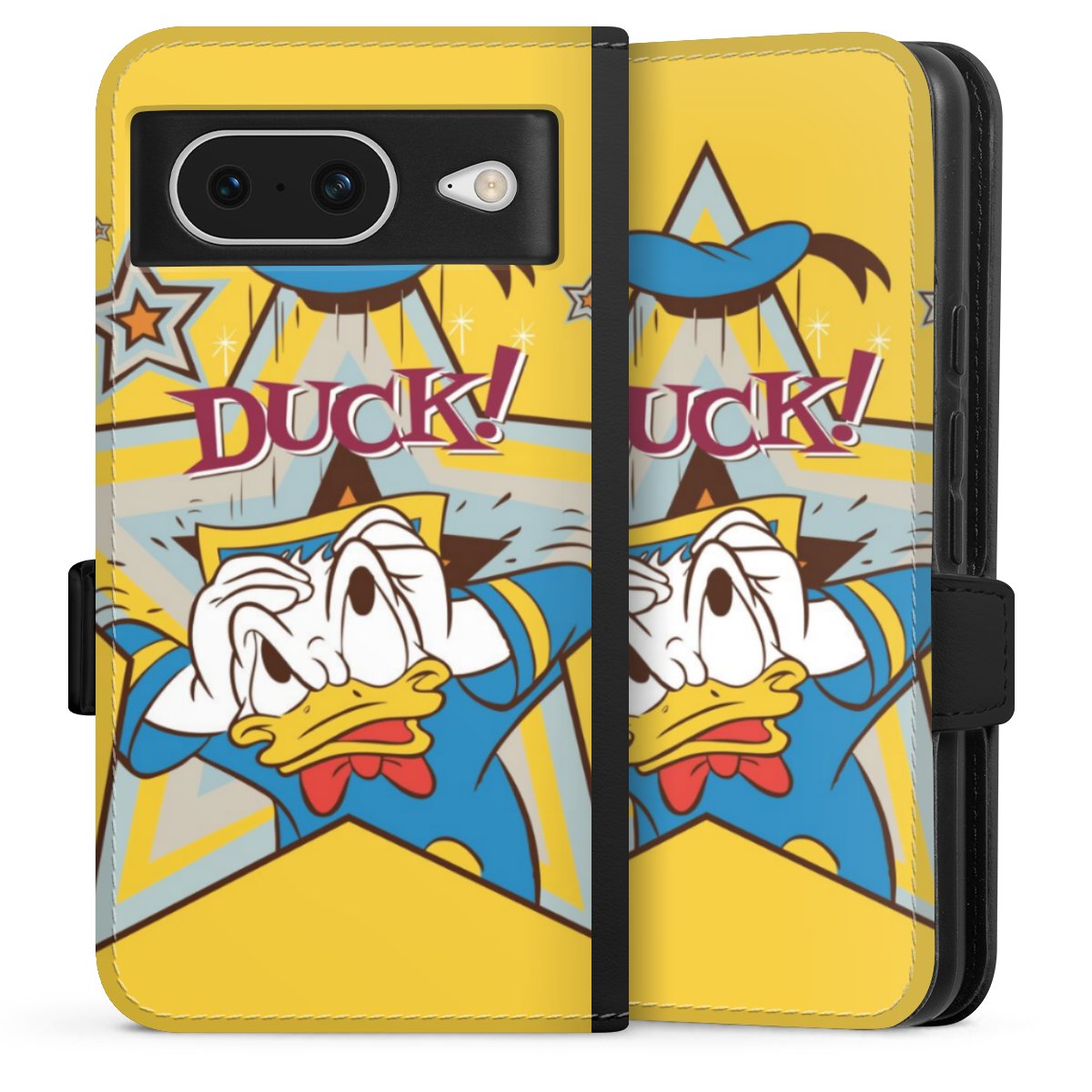 Google Pixel 8 Handy Klapphülle Handyhülle aus Kunst Leder schwarz Flip Case Official Licensed Product Donald Duck Disney Sideflip mit Lasche