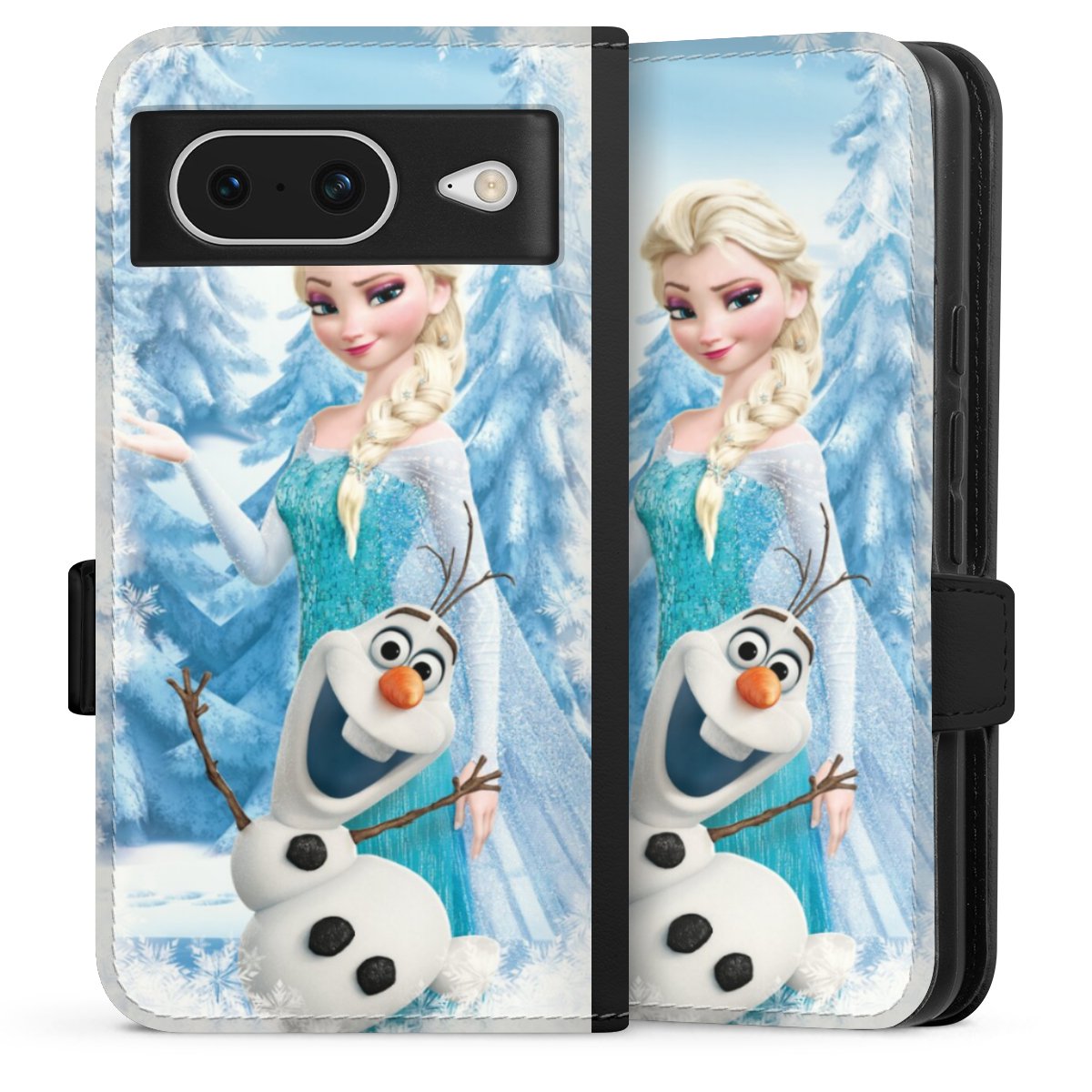 Google Pixel 8 Handy Klapphülle Handyhülle aus Kunst Leder schwarz Flip Case Official Licensed Product Frozen Elsa Disney Sideflip mit Lasche