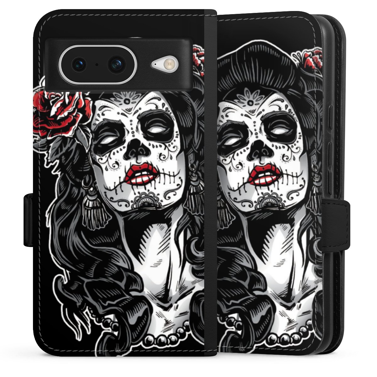 Google Pixel 8 Handy Klapphülle Handyhülle aus Kunst Leder schwarz Flip Case Totenkopf Día De Los Muertos Rock 'N' Roll Sideflip mit Lasche