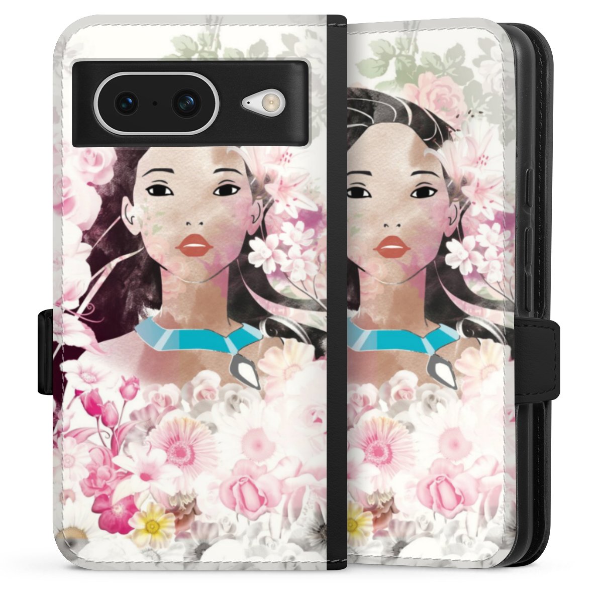 Google Pixel 8 Handy Klapphülle Handyhülle aus Kunst Leder schwarz Flip Case Pocahontas Official Licensed Product Disney Sideflip mit Lasche