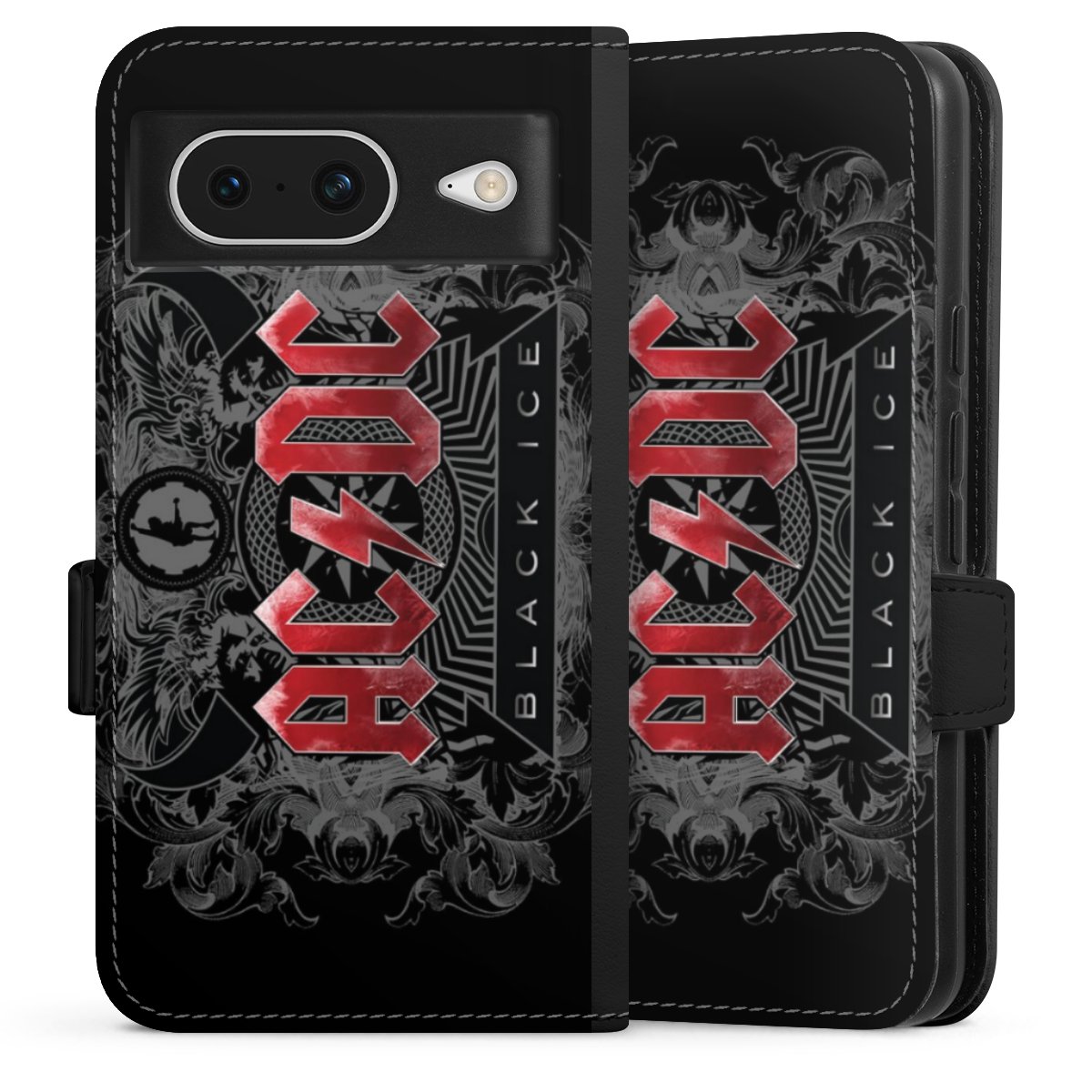 Google Pixel 8 Handy Klapphülle Handyhülle aus Kunst Leder schwarz Flip Case Merchandise Black Ice Acdc Sideflip mit Lasche