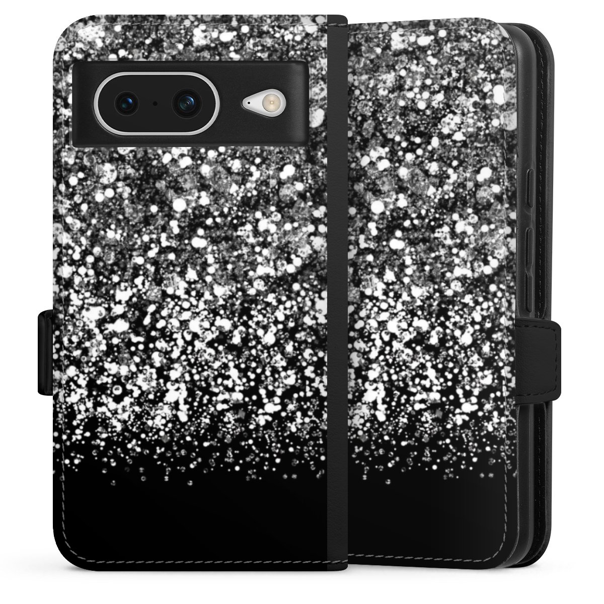 Google Pixel 8 Handy Klapphülle Handyhülle aus Kunst Leder schwarz Flip Case Glitzer Snowflake Muster Sideflip mit Lasche