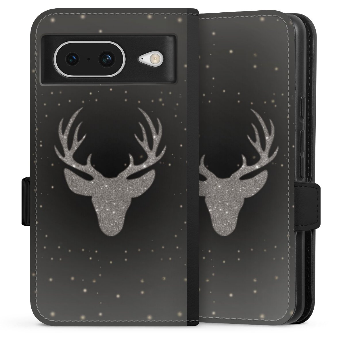 Google Pixel 8 Handy Klapphülle Handyhülle aus Kunst Leder schwarz Flip Case Winter Deer Glitzer Sideflip mit Lasche