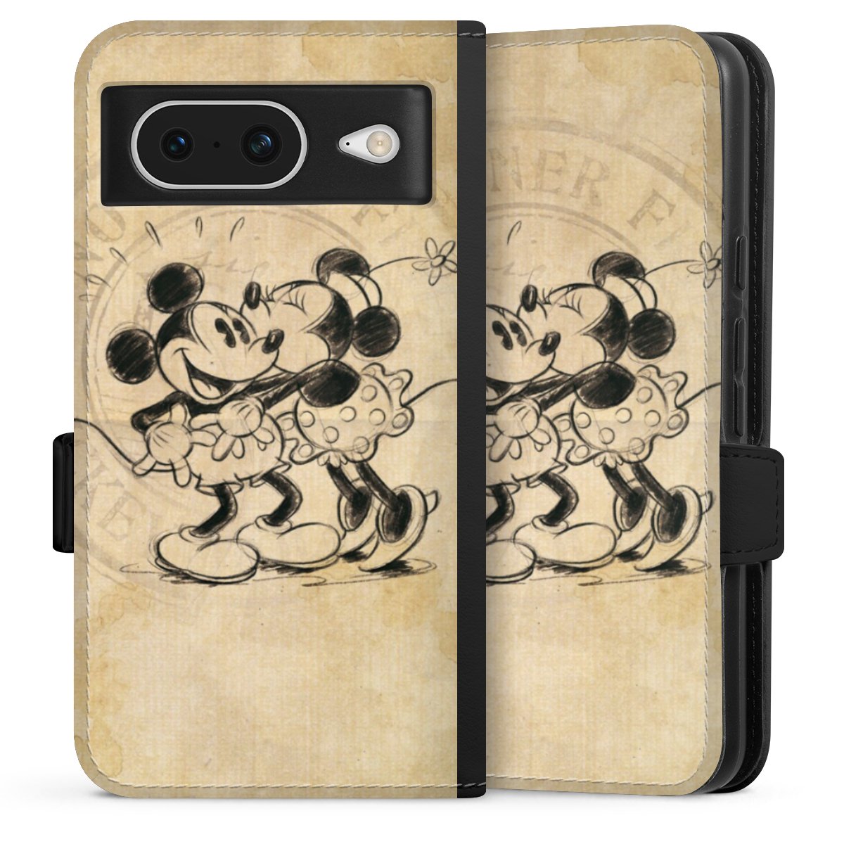 Google Pixel 8 Handy Klapphülle Handyhülle aus Kunst Leder schwarz Flip Case Mickey Mouse Vintage Minnie Mouse Sideflip mit Lasche