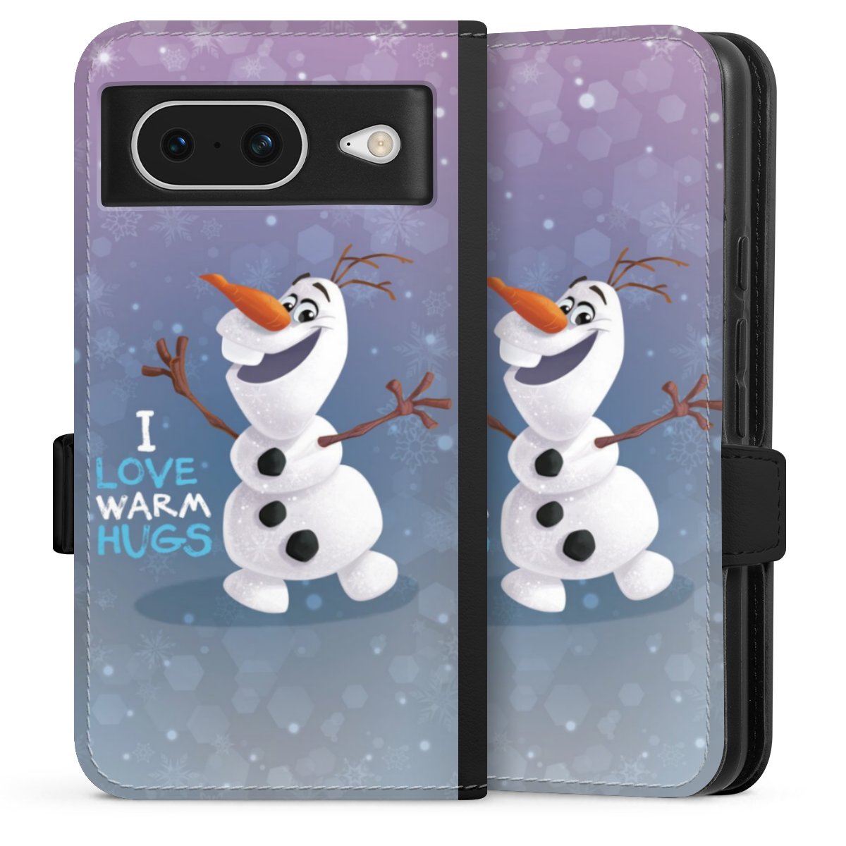 Google Pixel 8 Handy Klapphülle Handyhülle aus Kunst Leder schwarz Flip Case Frozen Frozen Olaf Official Licensed Product Sideflip mit Lasche