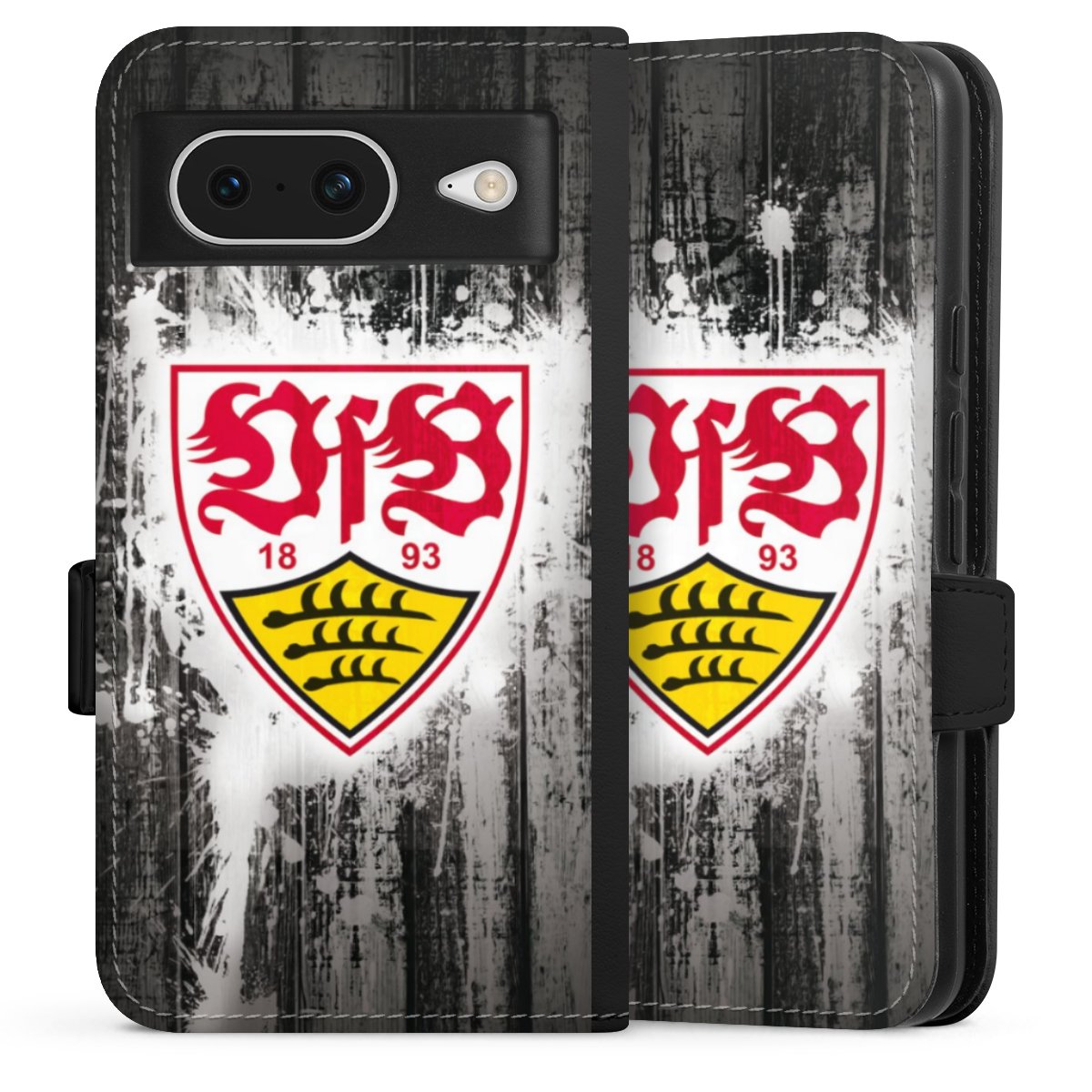 Google Pixel 8 Handy Klapphülle Handyhülle aus Kunst Leder schwarz Flip Case Vfb Stuttgart Official Licensed Product Sideflip mit Lasche