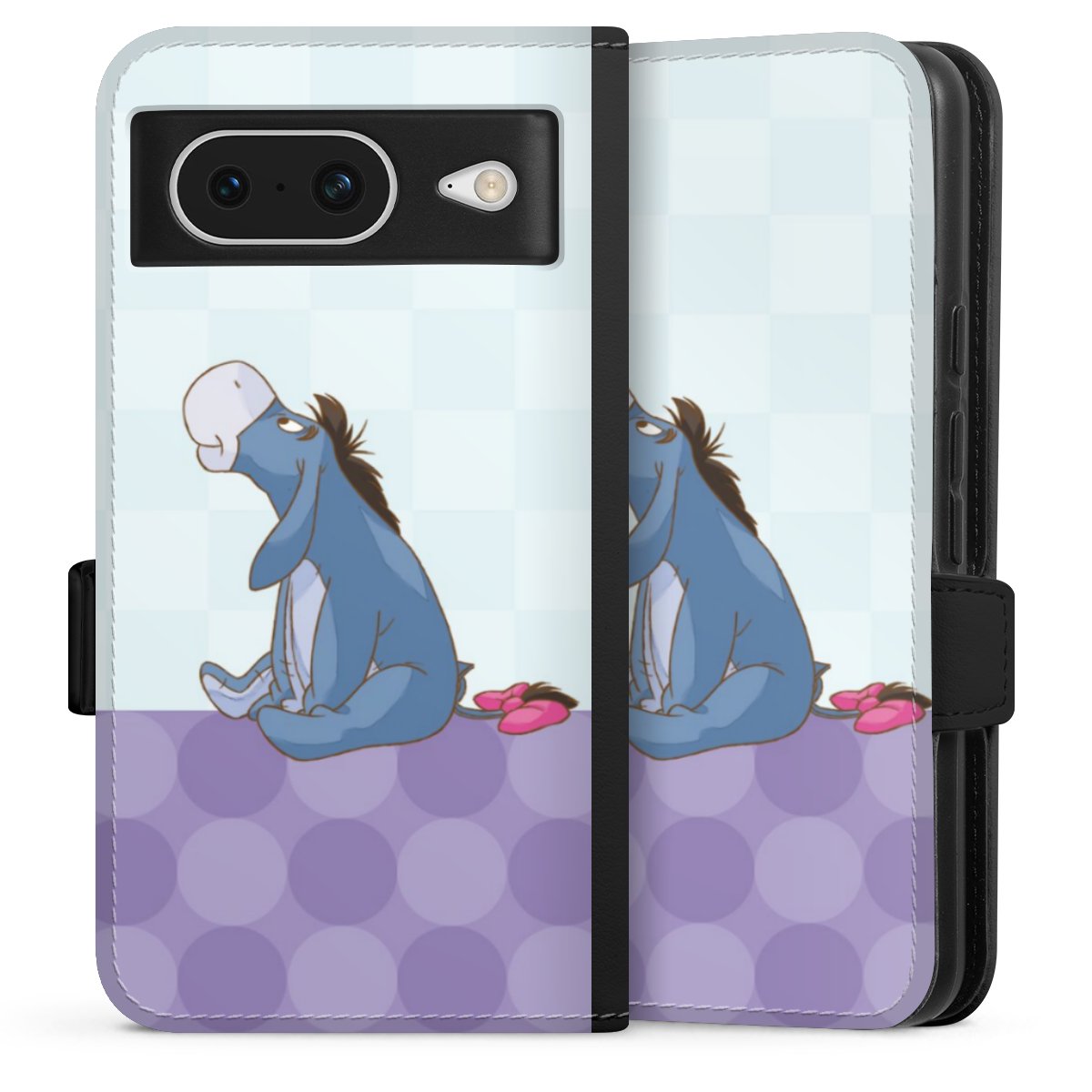 Google Pixel 8 Handy Klapphülle Handyhülle aus Kunst Leder schwarz Flip Case Disney Donkey Winnie The Pooh Sideflip mit Lasche