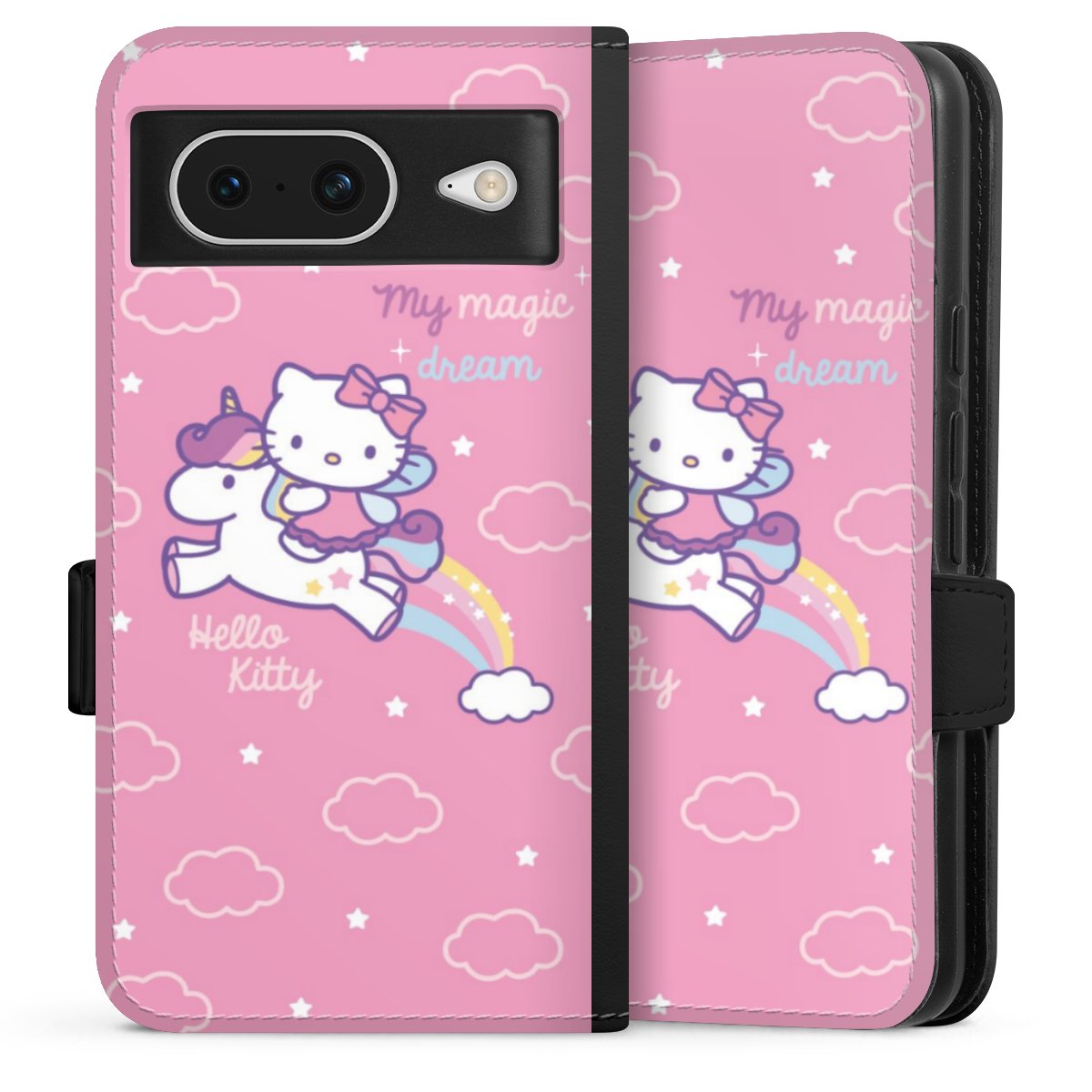 Google Pixel 8 Handy Klapphülle Handyhülle aus Kunst Leder schwarz Flip Case Einhorn Official Licensed Product Hello Kitty Sideflip mit Lasche