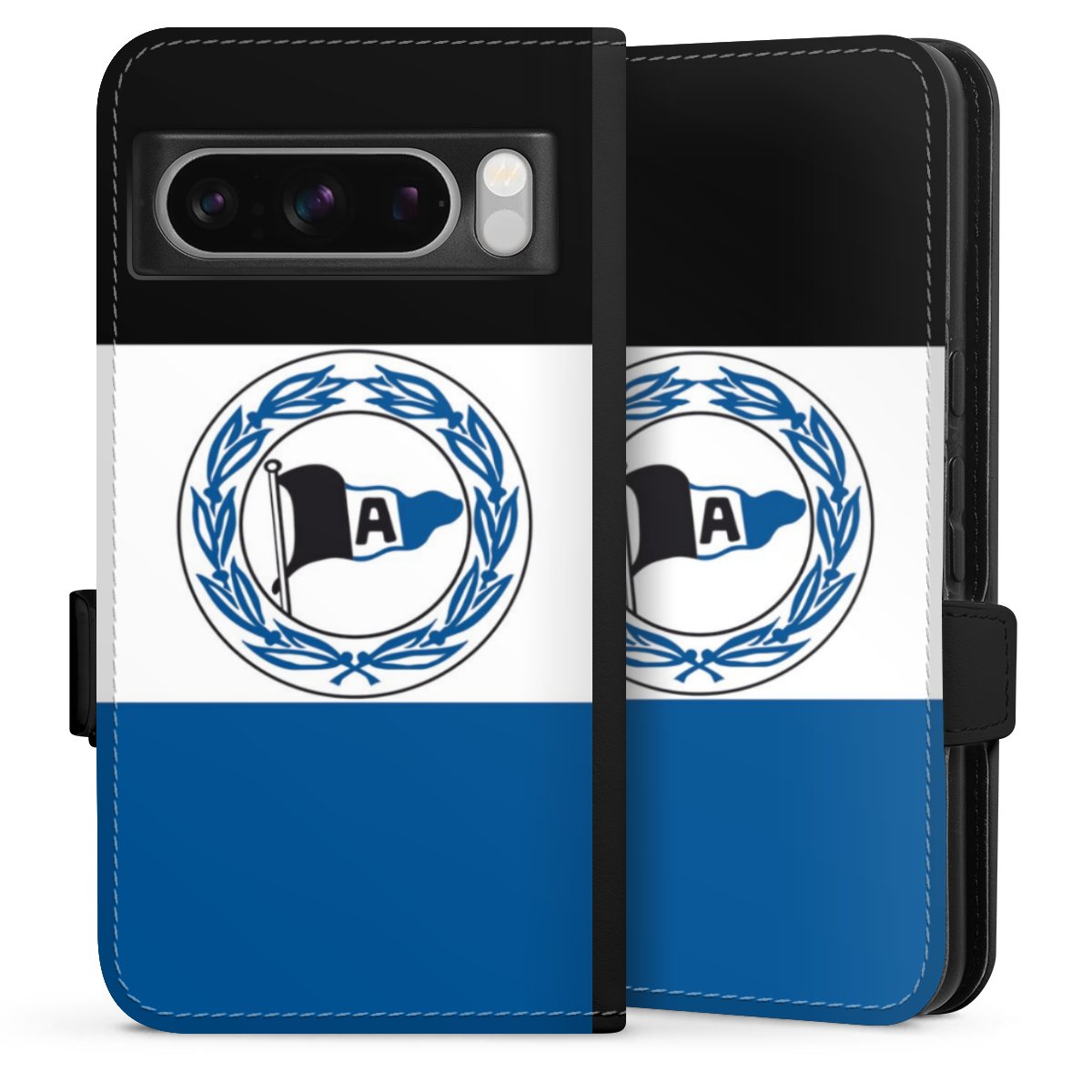 Google Pixel 8 Pro Handy Klapphülle Handyhülle aus Kunst Leder schwarz Flip Case Arminen Official Licensed Product Arminia Bielefeld Sideflip mit Lasche