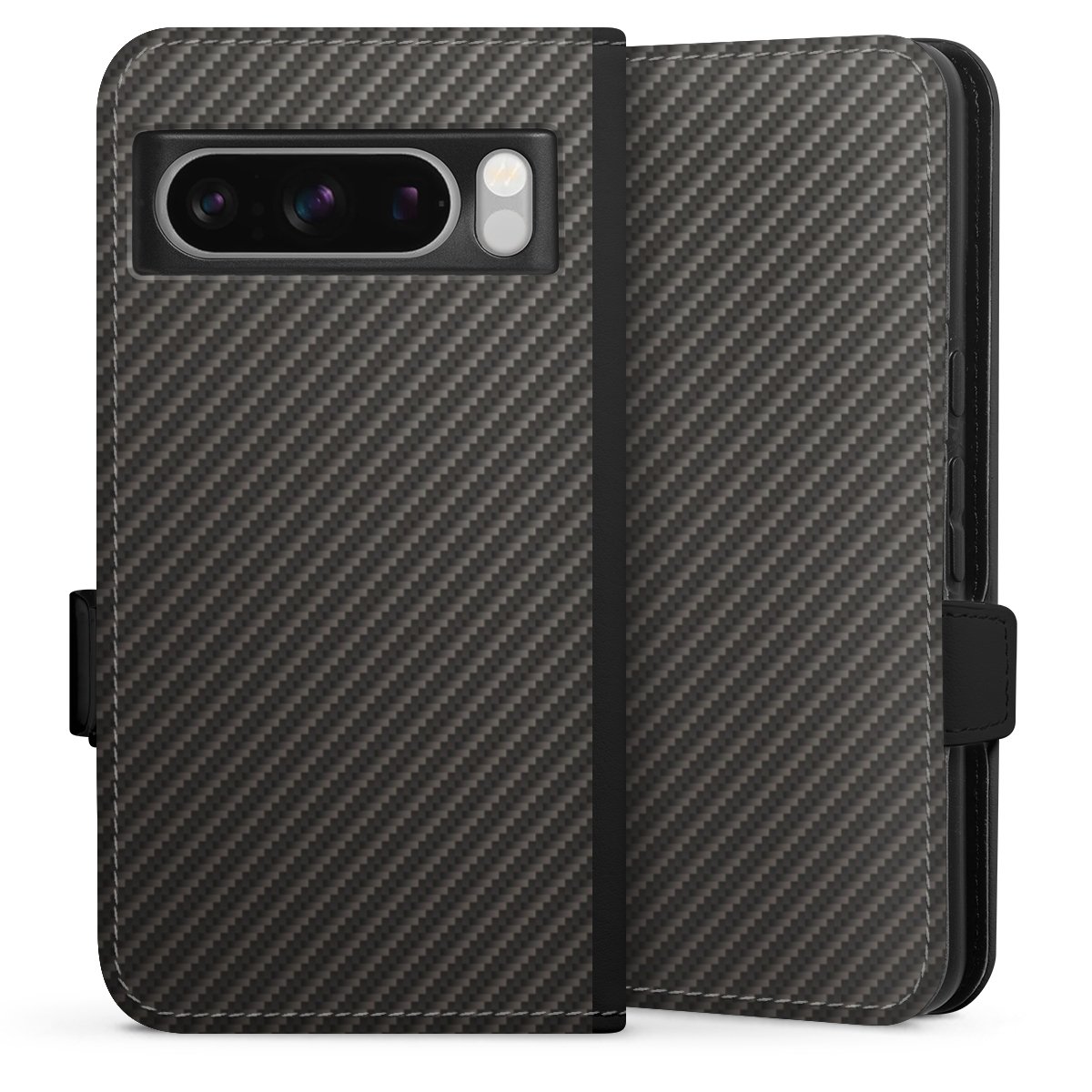 Google Pixel 8 Pro Handy Klapphülle Handyhülle aus Kunst Leder schwarz Flip Case Metallic Look Carbon Muster Sideflip mit Lasche