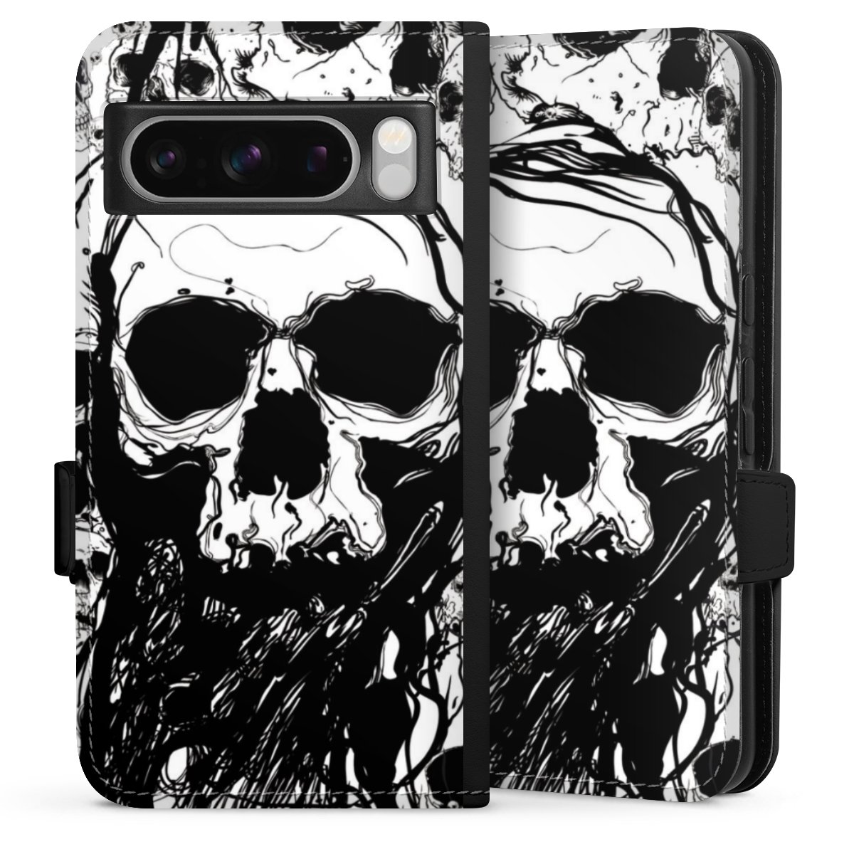 Google Pixel 8 Pro Handy Klapphülle Handyhülle aus Kunst Leder schwarz Flip Case Totenkopf Halloween Sideflip mit Lasche