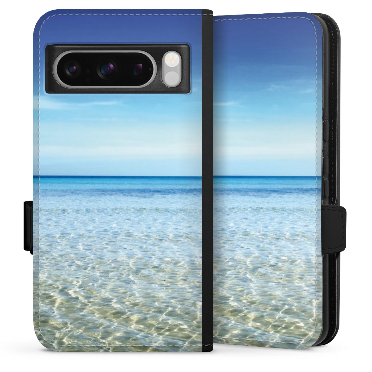 Google Pixel 8 Pro Handy Klapphülle Handyhülle aus Kunst Leder schwarz Flip Case Urlaub Sky Ocean Sideflip mit Lasche