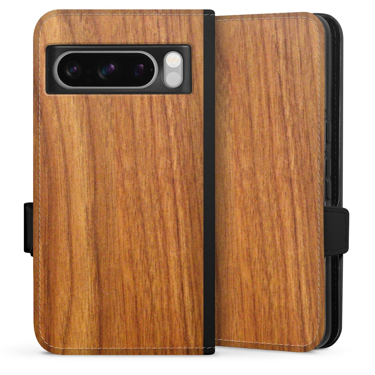 Google Pixel 8 Pro Handy Klapphülle Handyhülle aus Kunst Leder schwarz Flip Case Wood Larch Wooden Look Sideflip mit Lasche