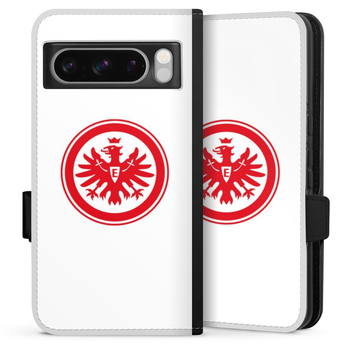 Google Pixel 8 Pro Handy Klapphülle Handyhülle aus Kunst Leder schwarz Flip Case Sge Eintracht Frankfurt Official Licensed Product Sideflip mit Lasche