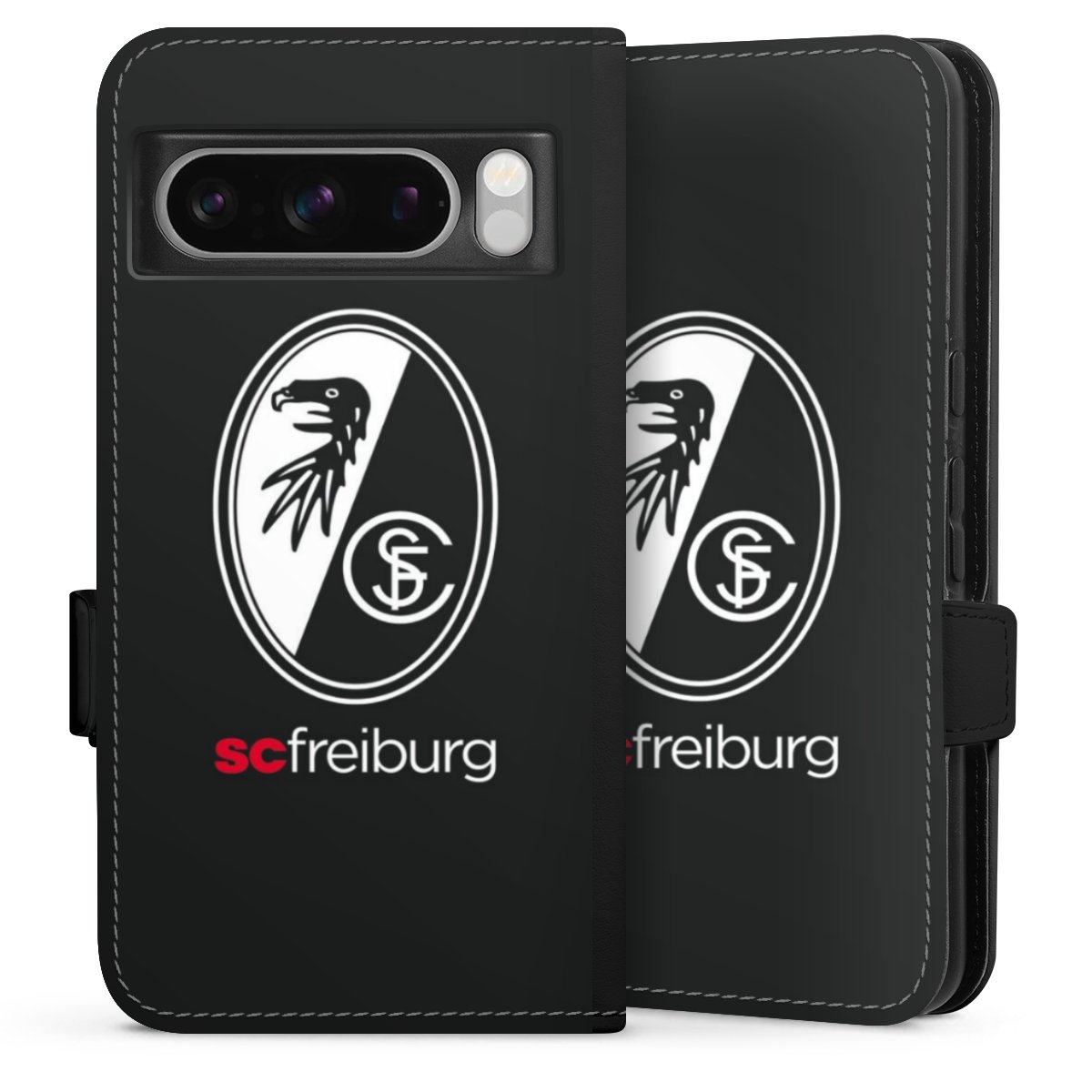 Google Pixel 8 Pro Handy Klapphülle Handyhülle aus Kunst Leder schwarz Flip Case Official Licensed Product Sc Freiburg Coat Of Arms Sideflip mit Lasche