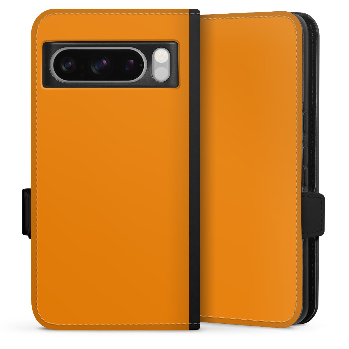 Google Pixel 8 Pro Handy Klapphülle Handyhülle aus Kunst Leder schwarz Flip Case Unicoloured Colour Orange Sideflip mit Lasche