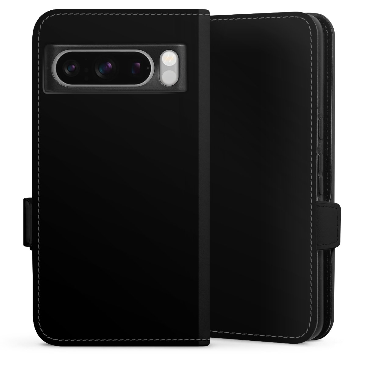 Google Pixel 8 Pro Handy Klapphülle Handyhülle aus Kunst Leder schwarz Flip Case Black Colour Unicoloured Sideflip mit Lasche