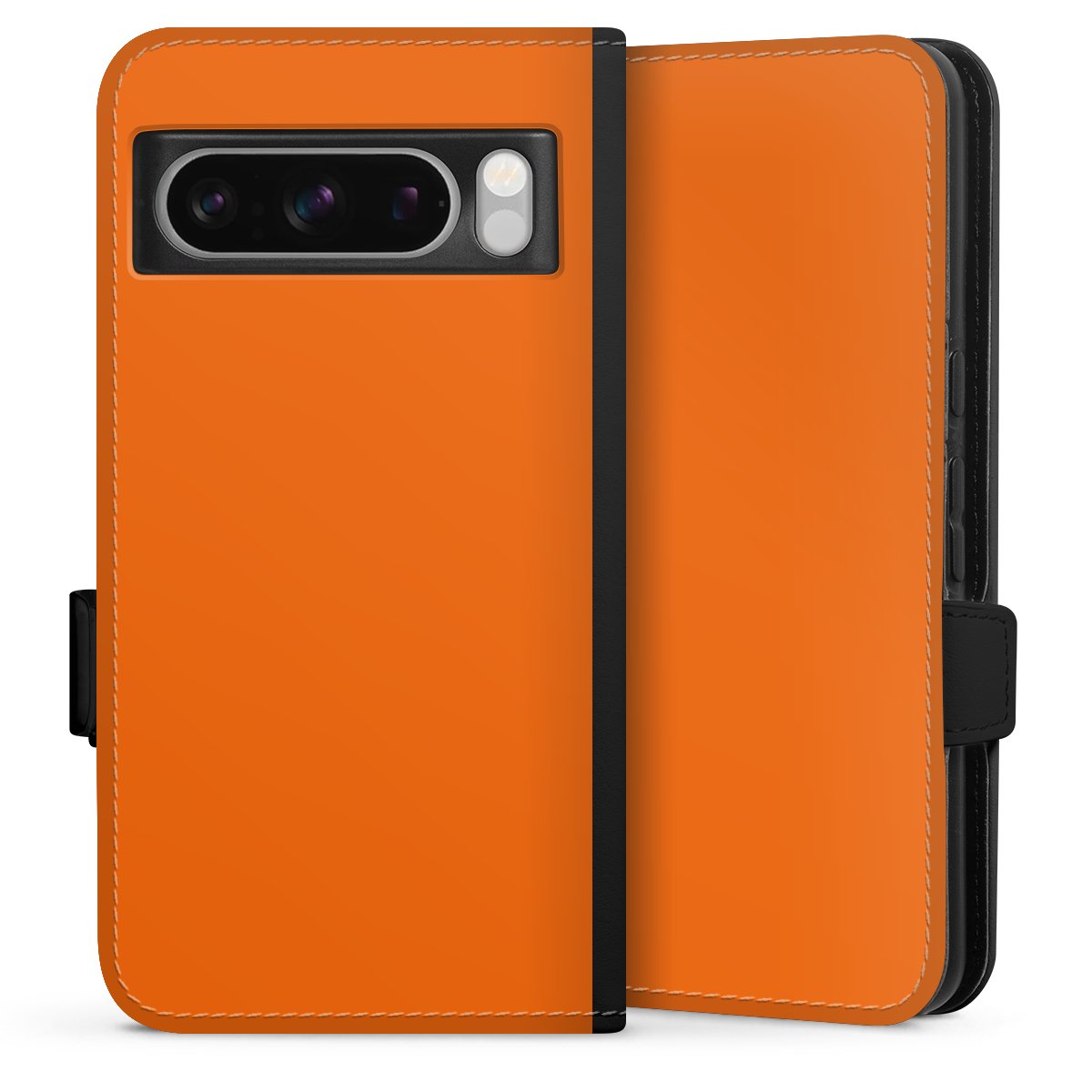 Google Pixel 8 Pro Handy Klapphülle Handyhülle aus Kunst Leder schwarz Flip Case Orange Colour Unicoloured Sideflip mit Lasche