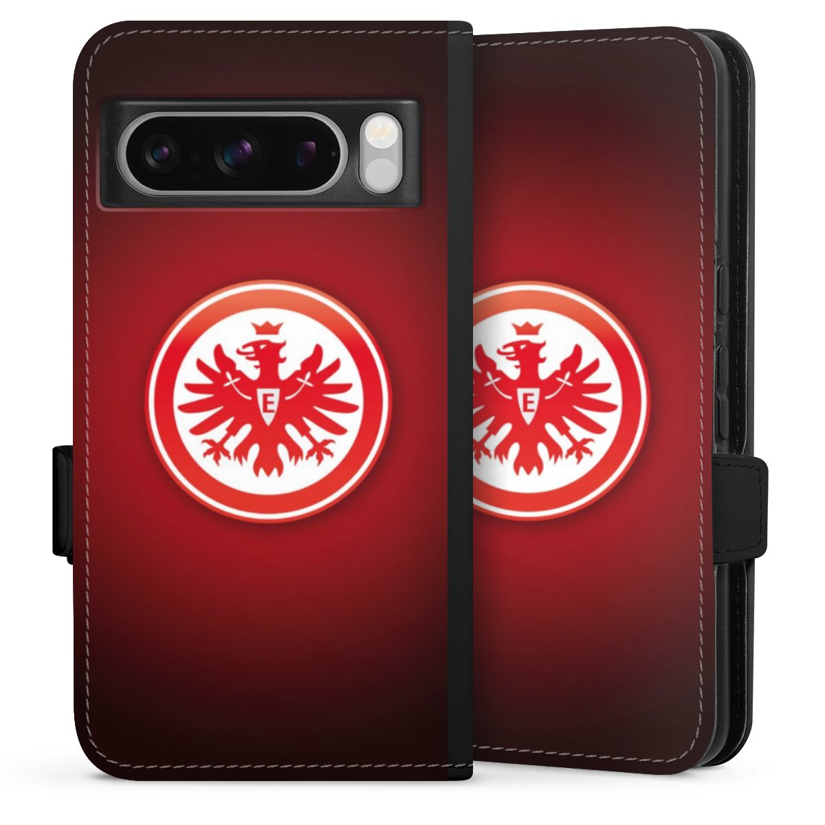 Google Pixel 8 Pro Handy Klapphülle Handyhülle aus Kunst Leder schwarz Flip Case Eintracht Frankfurt Official Licensed Product Coat Of Arms Sideflip mit Lasche