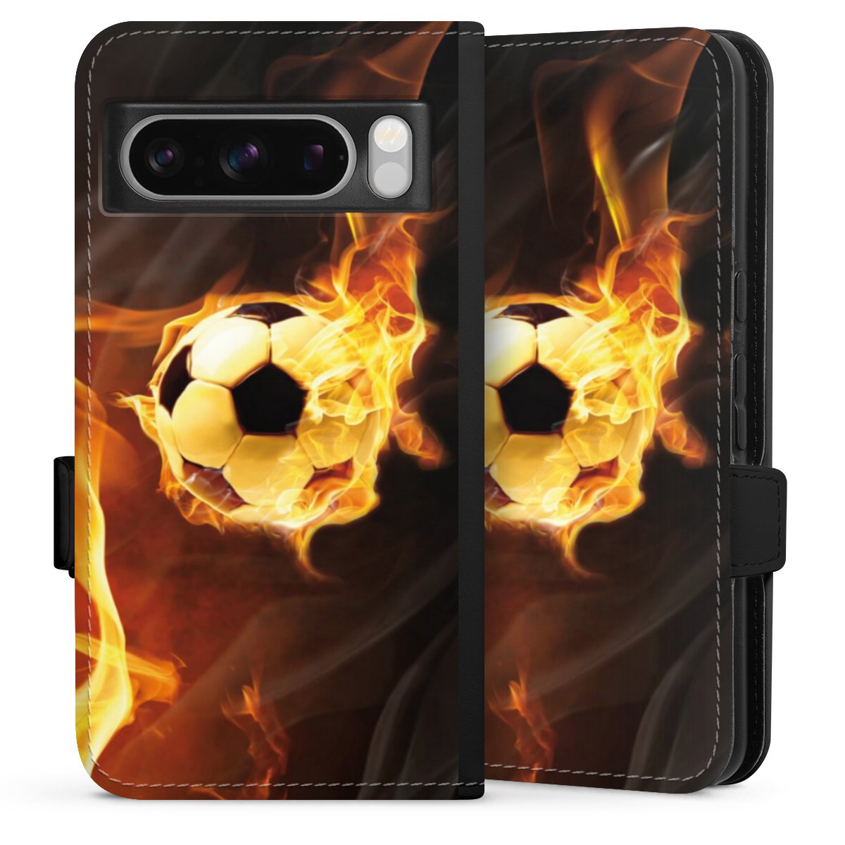 Google Pixel 8 Pro Handy Klapphülle Handyhülle aus Kunst Leder schwarz Flip Case Ball Fire Soccer Sideflip mit Lasche