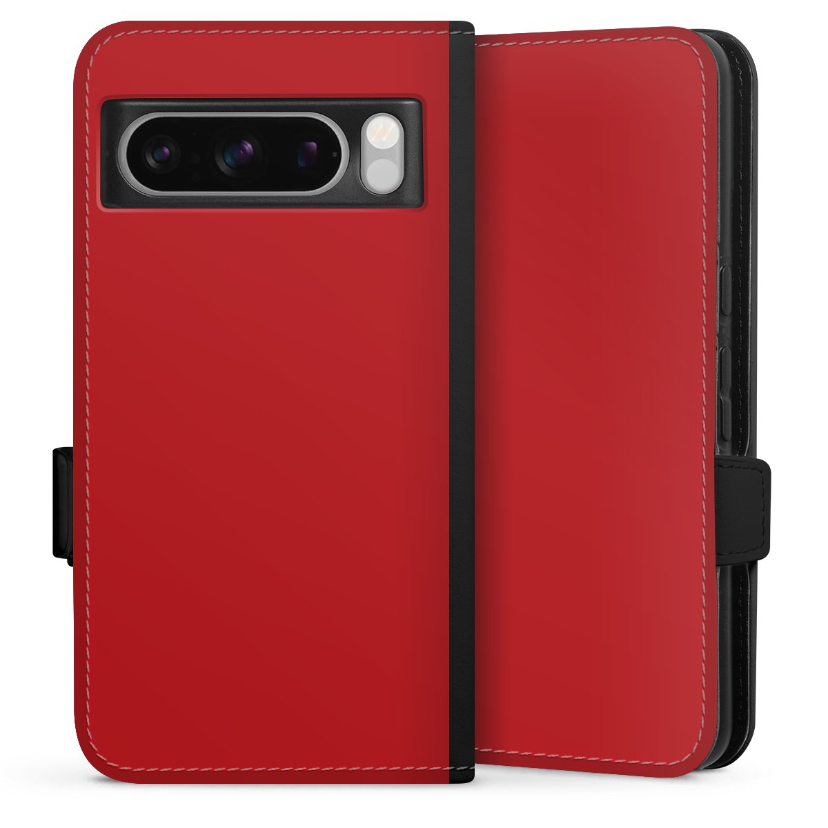 Google Pixel 8 Pro Handy Klapphülle Handyhülle aus Kunst Leder schwarz Flip Case Colour Unicoloured Red Sideflip mit Lasche