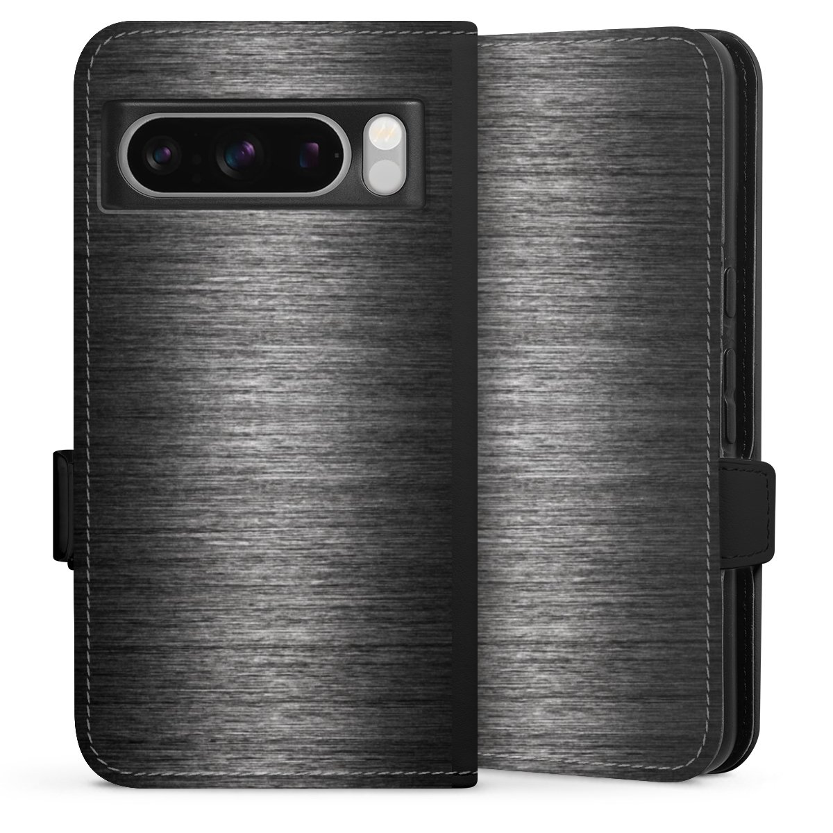 Google Pixel 8 Pro Handy Klapphülle Handyhülle aus Kunst Leder schwarz Flip Case Metallic Look Anthracite Metal Sideflip mit Lasche