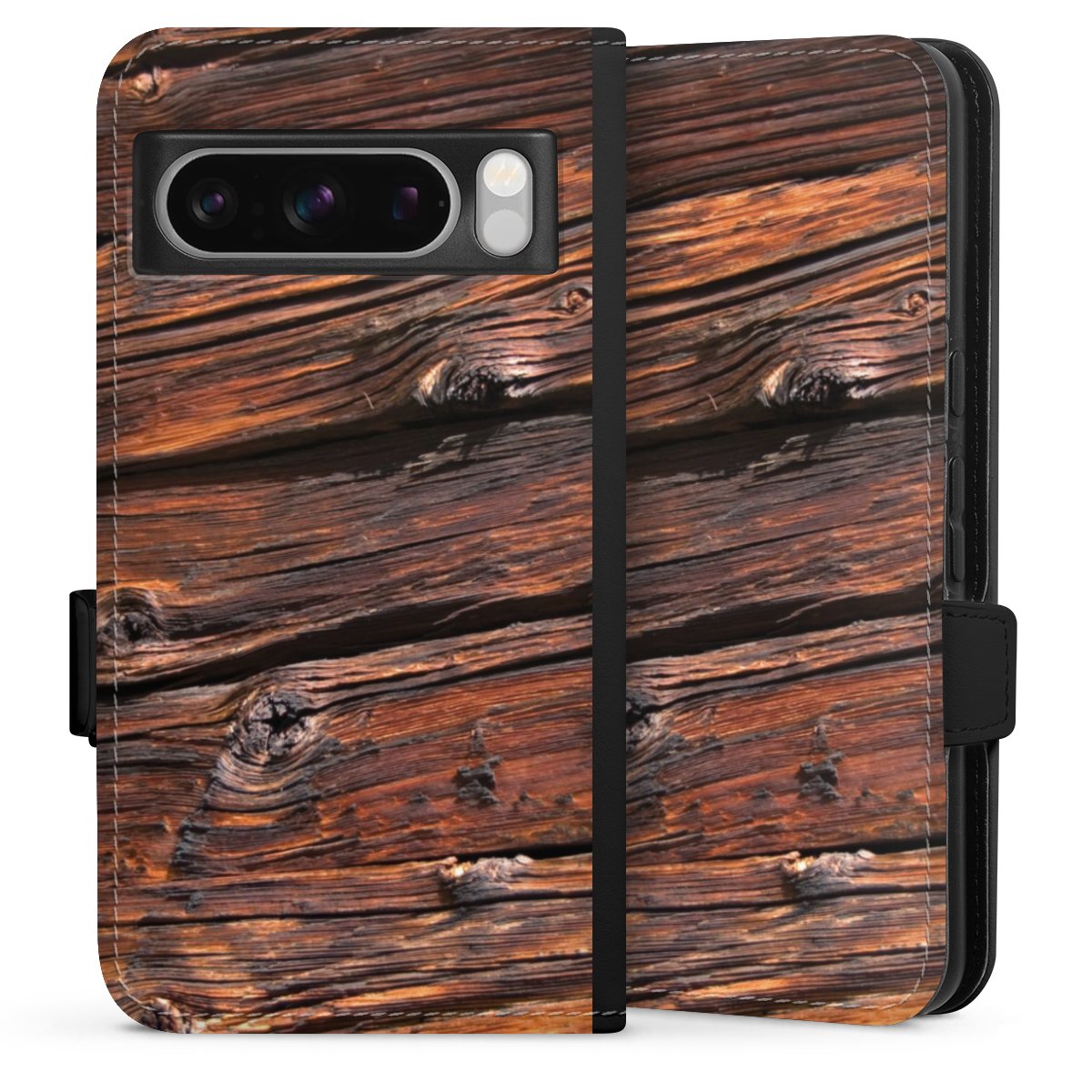 Google Pixel 8 Pro Handy Klapphülle Handyhülle aus Kunst Leder schwarz Flip Case Beams Wooden Look Wood Sideflip mit Lasche