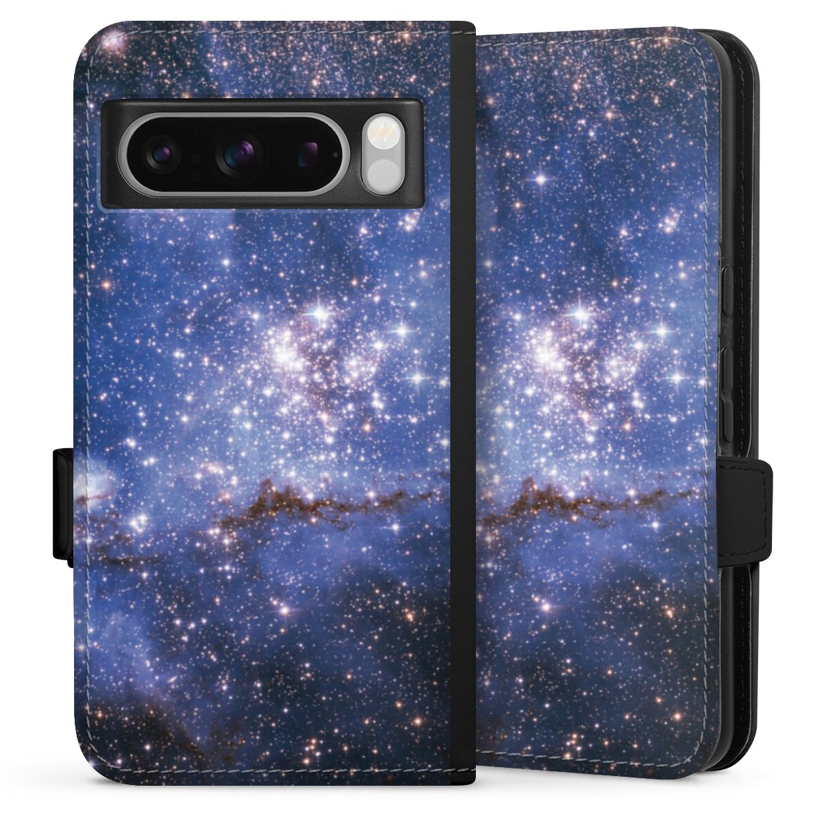 Google Pixel 8 Pro Handy Klapphülle Handyhülle aus Kunst Leder schwarz Flip Case Weltall Galaxy Weltraum Sideflip mit Lasche