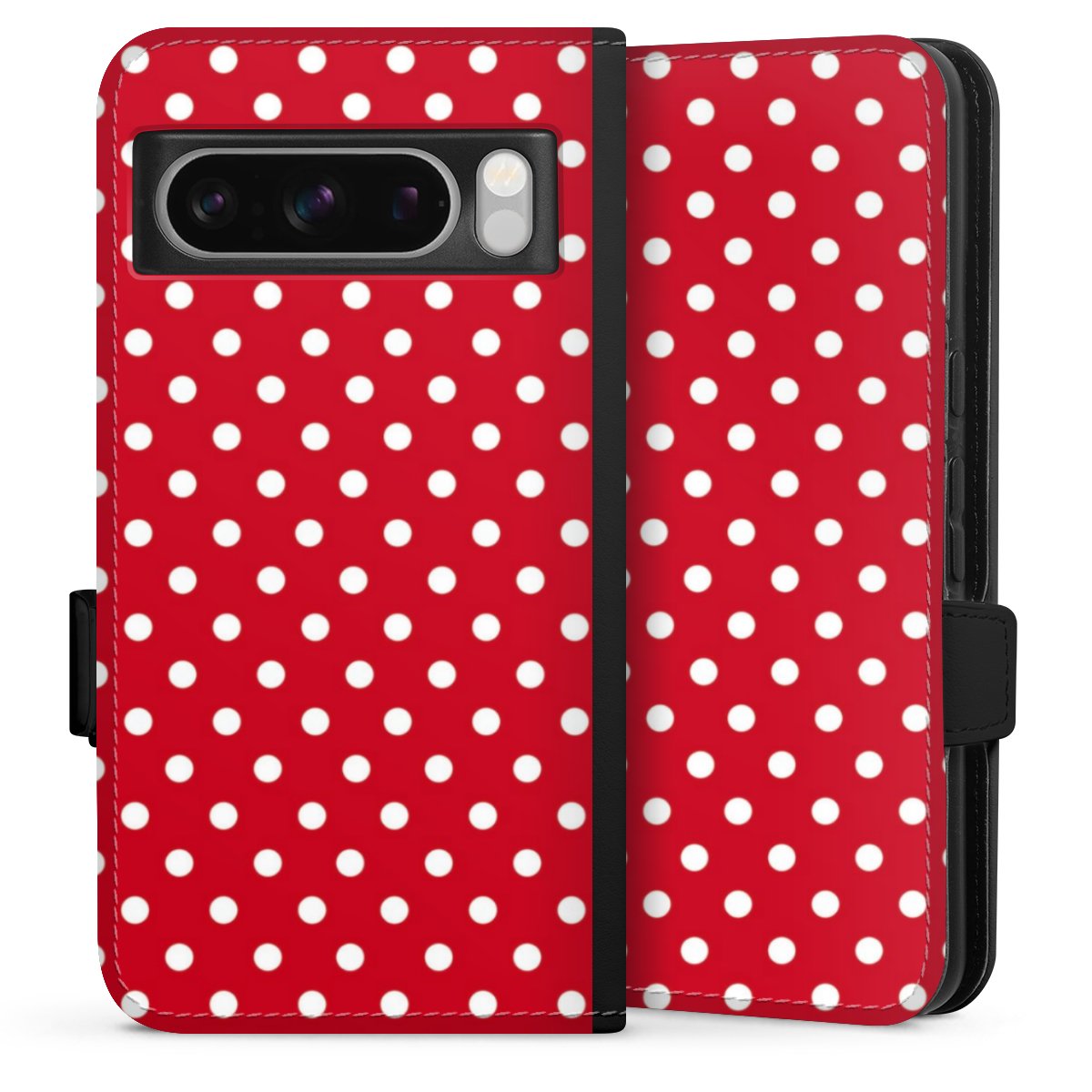 Google Pixel 8 Pro Handy Klapphülle Handyhülle aus Kunst Leder schwarz Flip Case Points Polka Dots Retro Sideflip mit Lasche