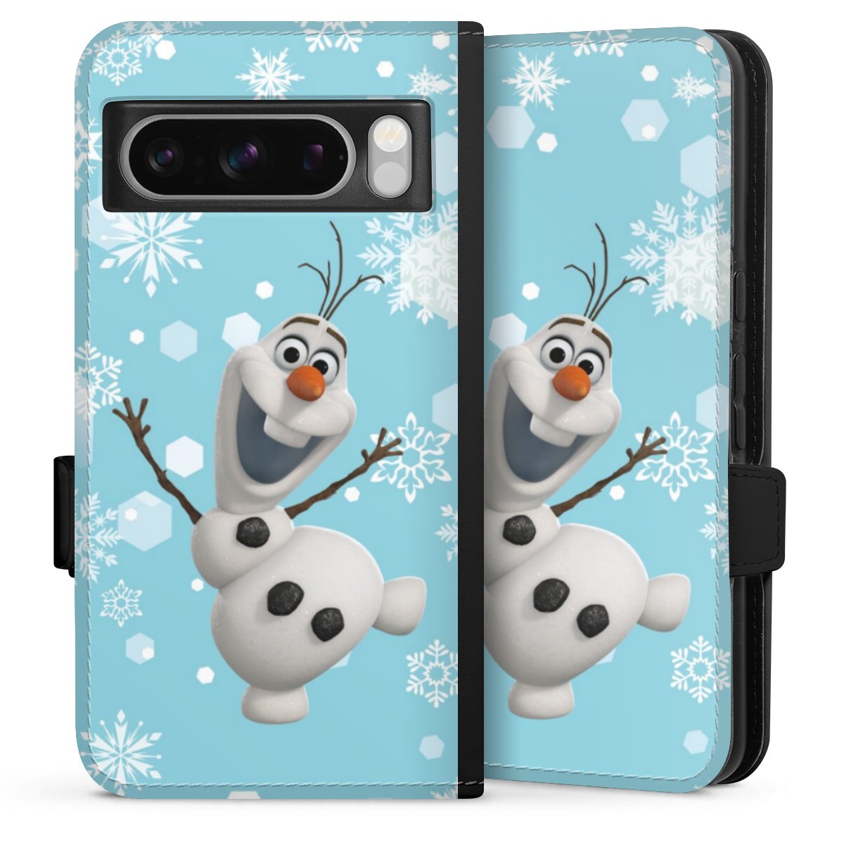 Google Pixel 8 Pro Handy Klapphülle Handyhülle aus Kunst Leder schwarz Flip Case Disney Official Licensed Product Frozen Olaf Sideflip mit Lasche