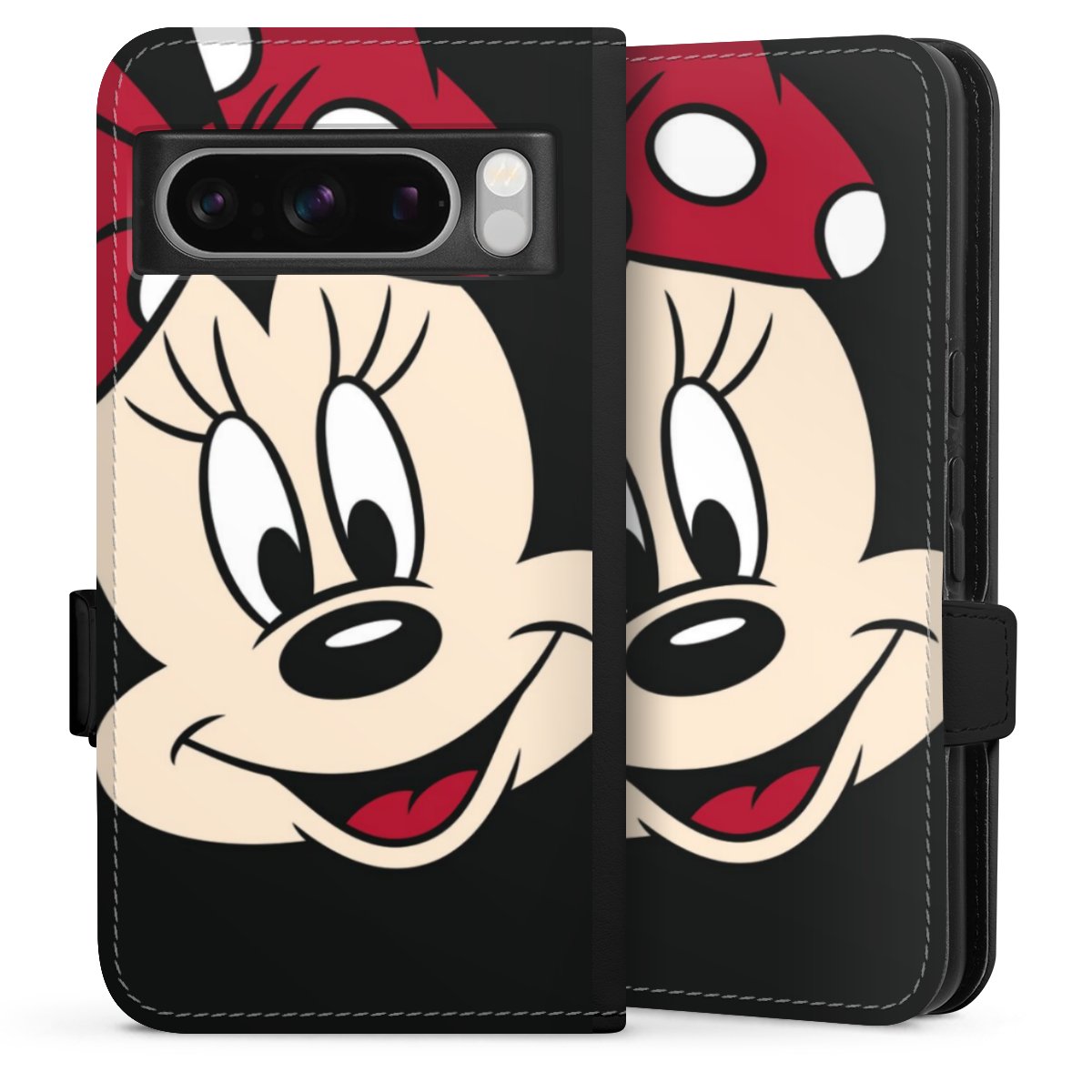 Google Pixel 8 Pro Handy Klapphülle Handyhülle aus Kunst Leder schwarz Flip Case Minnie Mouse Official Licensed Product Disney Sideflip mit Lasche