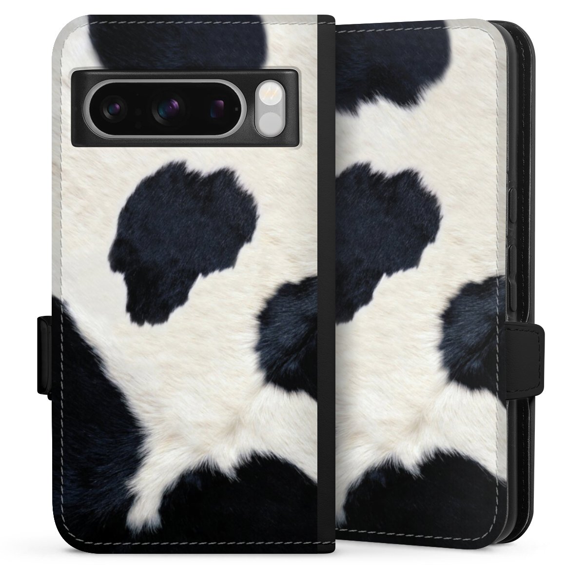 Google Pixel 8 Pro Handy Klapphülle Handyhülle aus Kunst Leder schwarz Flip Case Animal Look Animal Print Cow Skin Sideflip mit Lasche