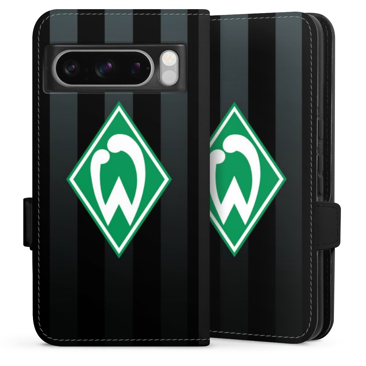 Google Pixel 8 Pro Handy Klapphülle Handyhülle aus Kunst Leder schwarz Flip Case Stripes Sv Werder Bremen Official Licensed Product Sideflip mit Lasche