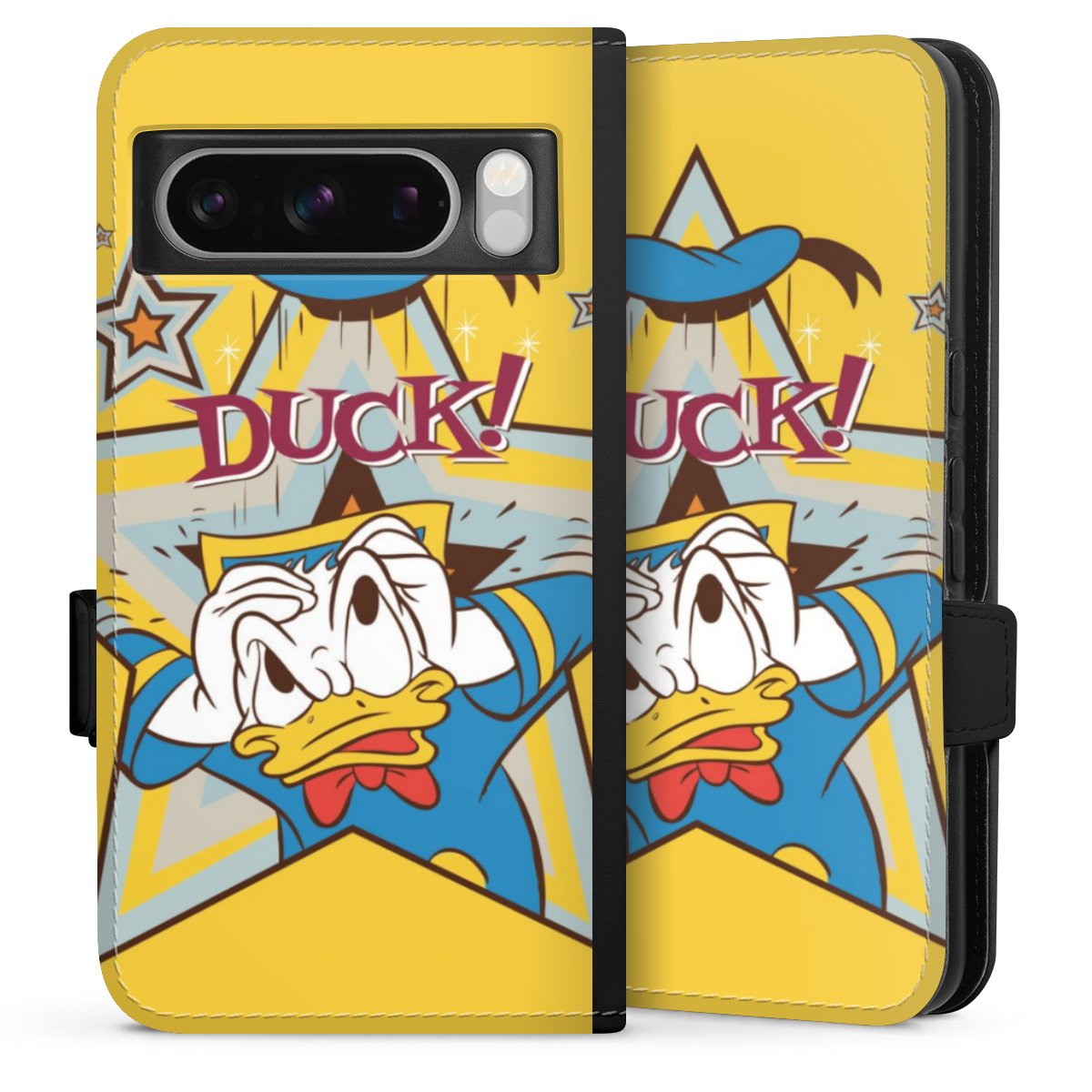 Google Pixel 8 Pro Handy Klapphülle Handyhülle aus Kunst Leder schwarz Flip Case Official Licensed Product Donald Duck Disney Sideflip mit Lasche