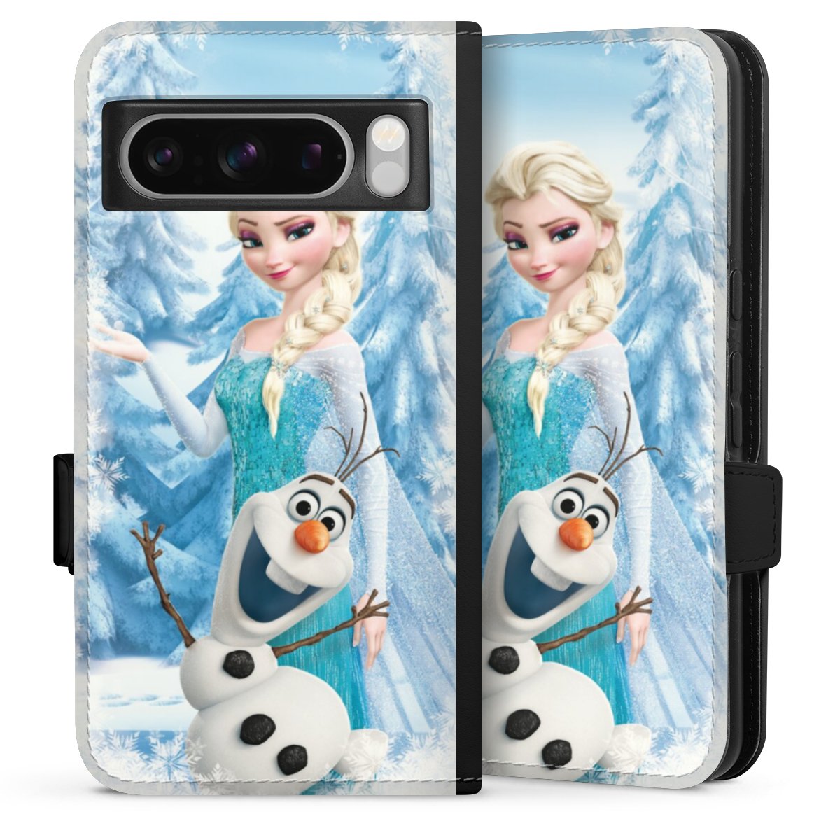 Google Pixel 8 Pro Handy Klapphülle Handyhülle aus Kunst Leder schwarz Flip Case Official Licensed Product Frozen Elsa Disney Sideflip mit Lasche