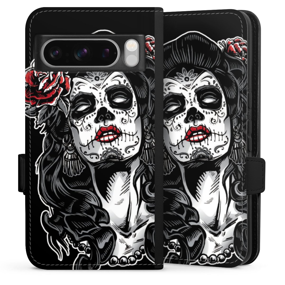 Google Pixel 8 Pro Handy Klapphülle Handyhülle aus Kunst Leder schwarz Flip Case Totenkopf Día De Los Muertos Rock 'N' Roll Sideflip mit Lasche