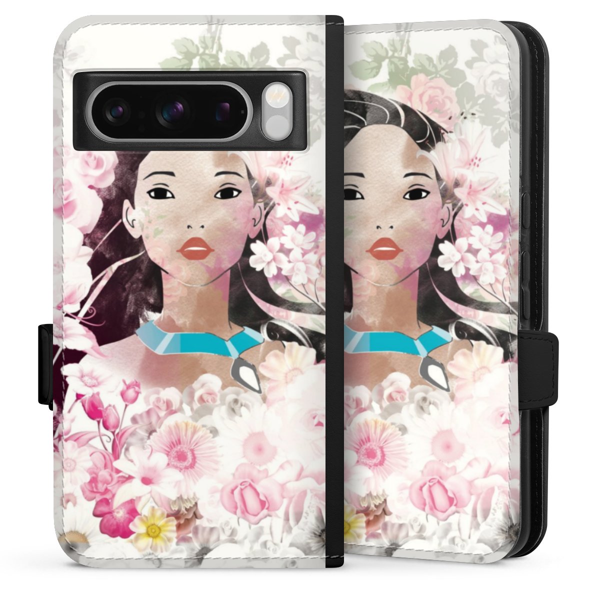 Google Pixel 8 Pro Handy Klapphülle Handyhülle aus Kunst Leder schwarz Flip Case Pocahontas Official Licensed Product Disney Sideflip mit Lasche