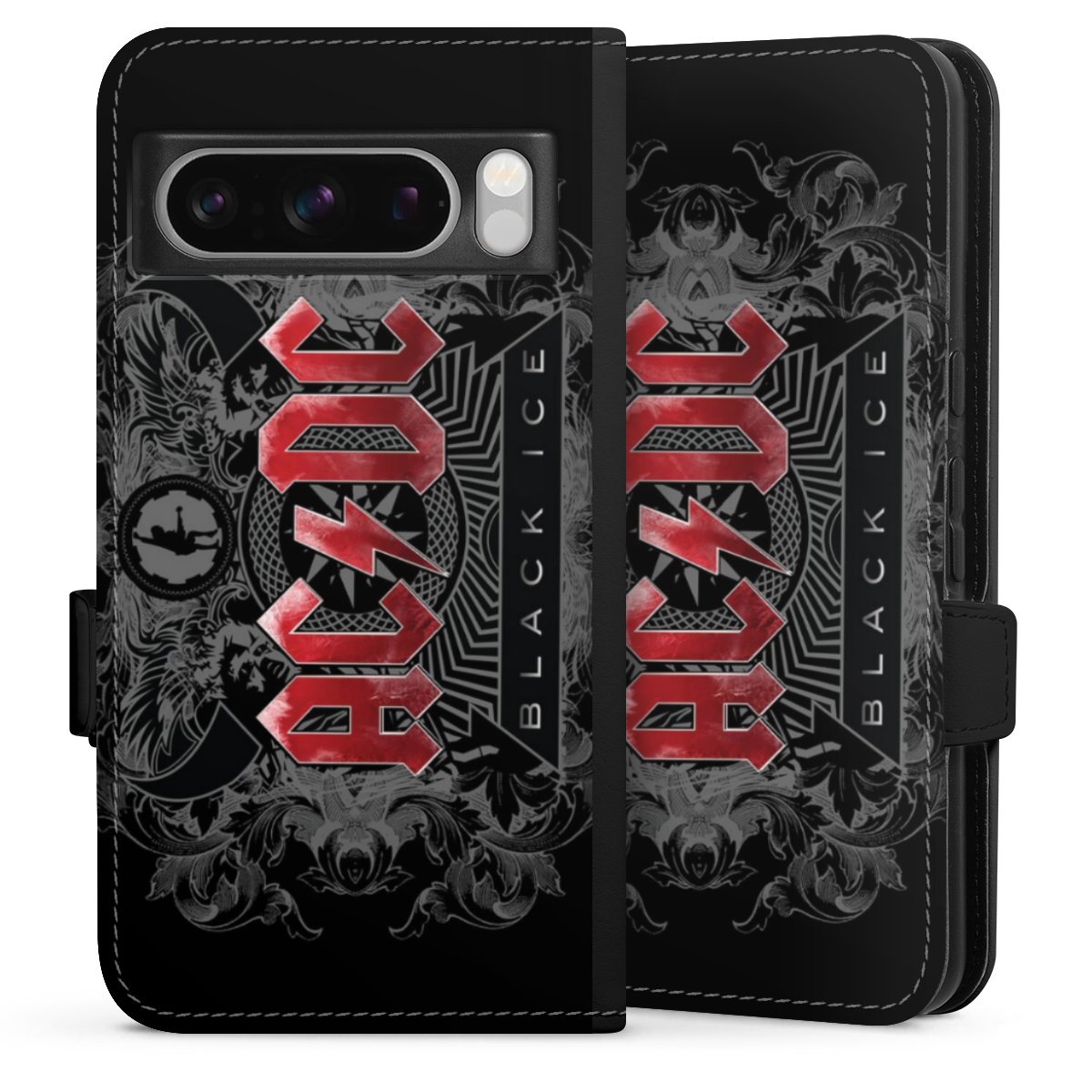 Google Pixel 8 Pro Handy Klapphülle Handyhülle aus Kunst Leder schwarz Flip Case Merchandise Black Ice Acdc Sideflip mit Lasche