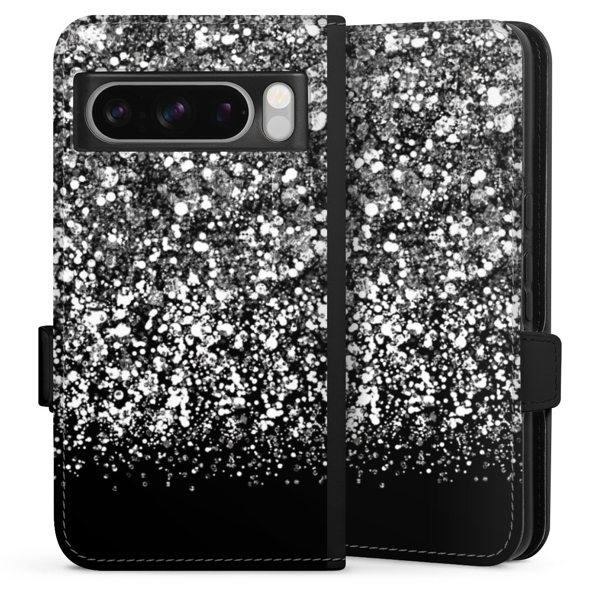 Google Pixel 8 Pro Handy Klapphülle Handyhülle aus Kunst Leder schwarz Flip Case Glitzer Snowflake Muster Sideflip mit Lasche