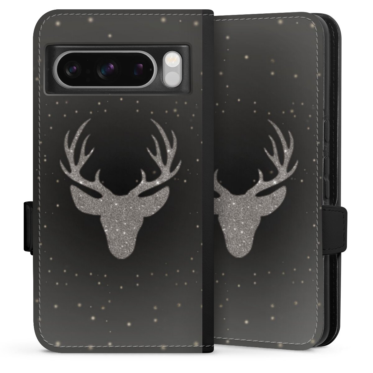 Google Pixel 8 Pro Handy Klapphülle Handyhülle aus Kunst Leder schwarz Flip Case Winter Deer Glitzer Sideflip mit Lasche